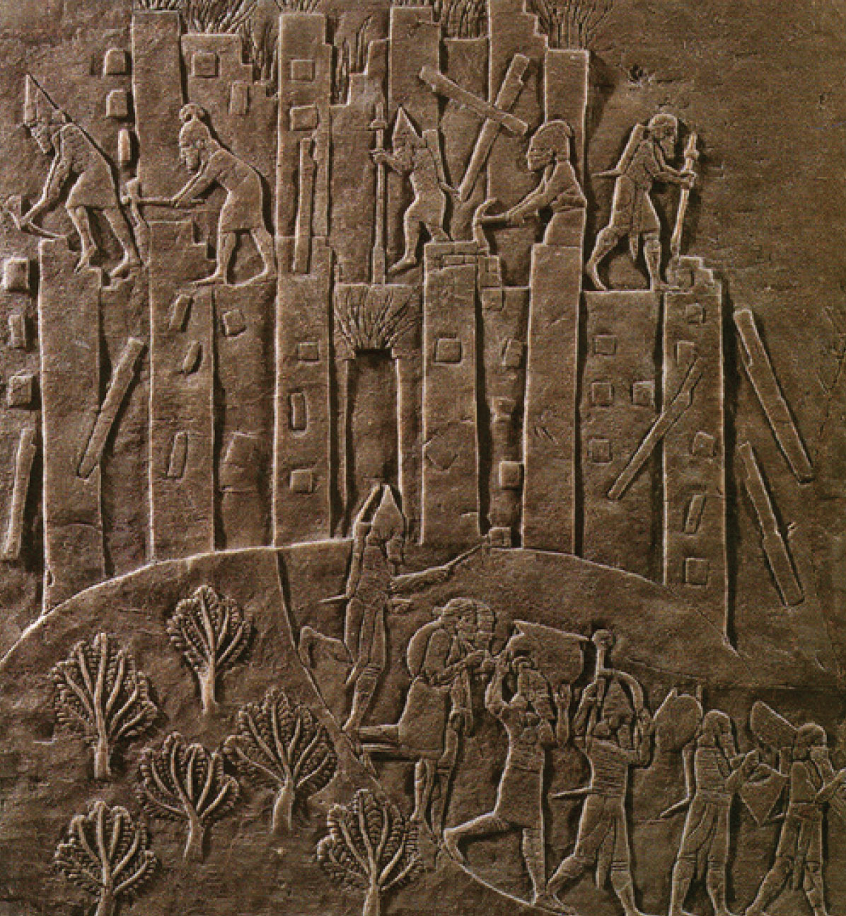 An image carved in stone: People stand on top of buildings with axes, knocking them down. In the bottom-right corner, people are fleeing.