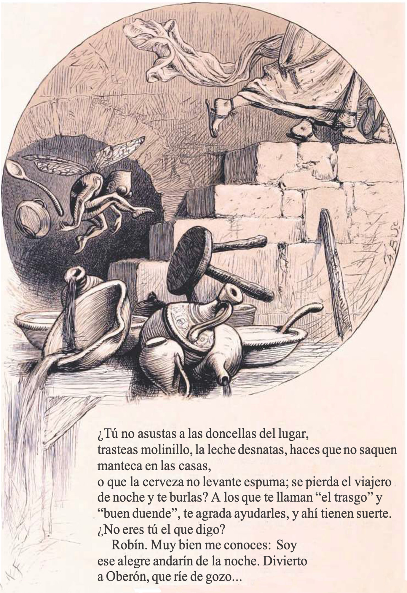A photo of a page of one of Shakespeare’s works. The illustration shows a person walking up stone stairs; behind them, a fairy causes mischief by knocking over pots and bowls
