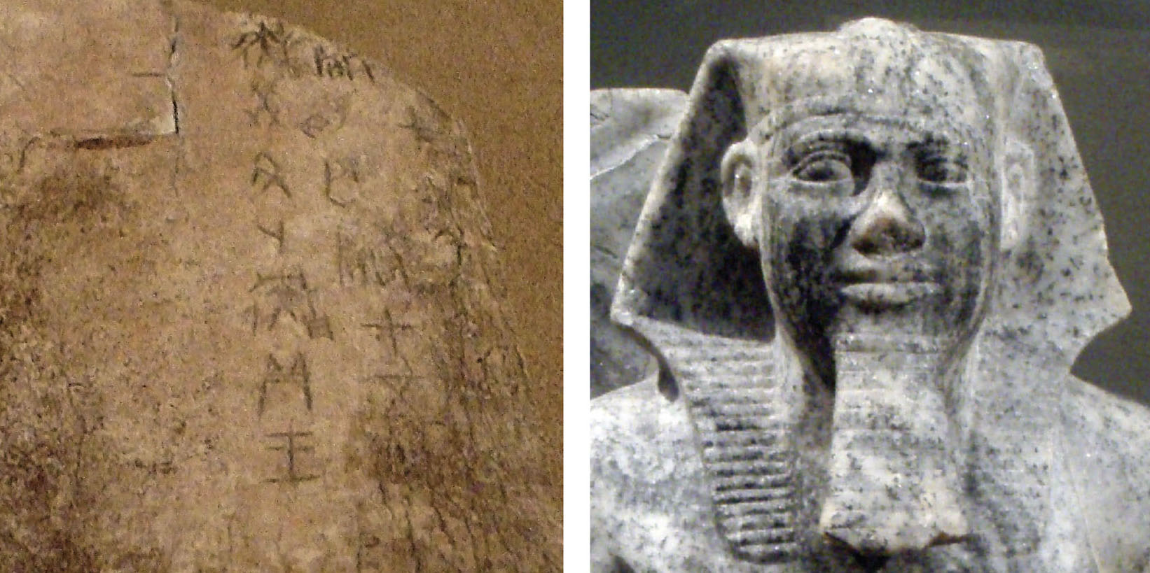 A photo of a slab of bone inscribed with language symbols (left) and A picture of a sculpture of a Pharoah made of a marbled stone. The face is detailed, and the sculpture wears a headdress (right).