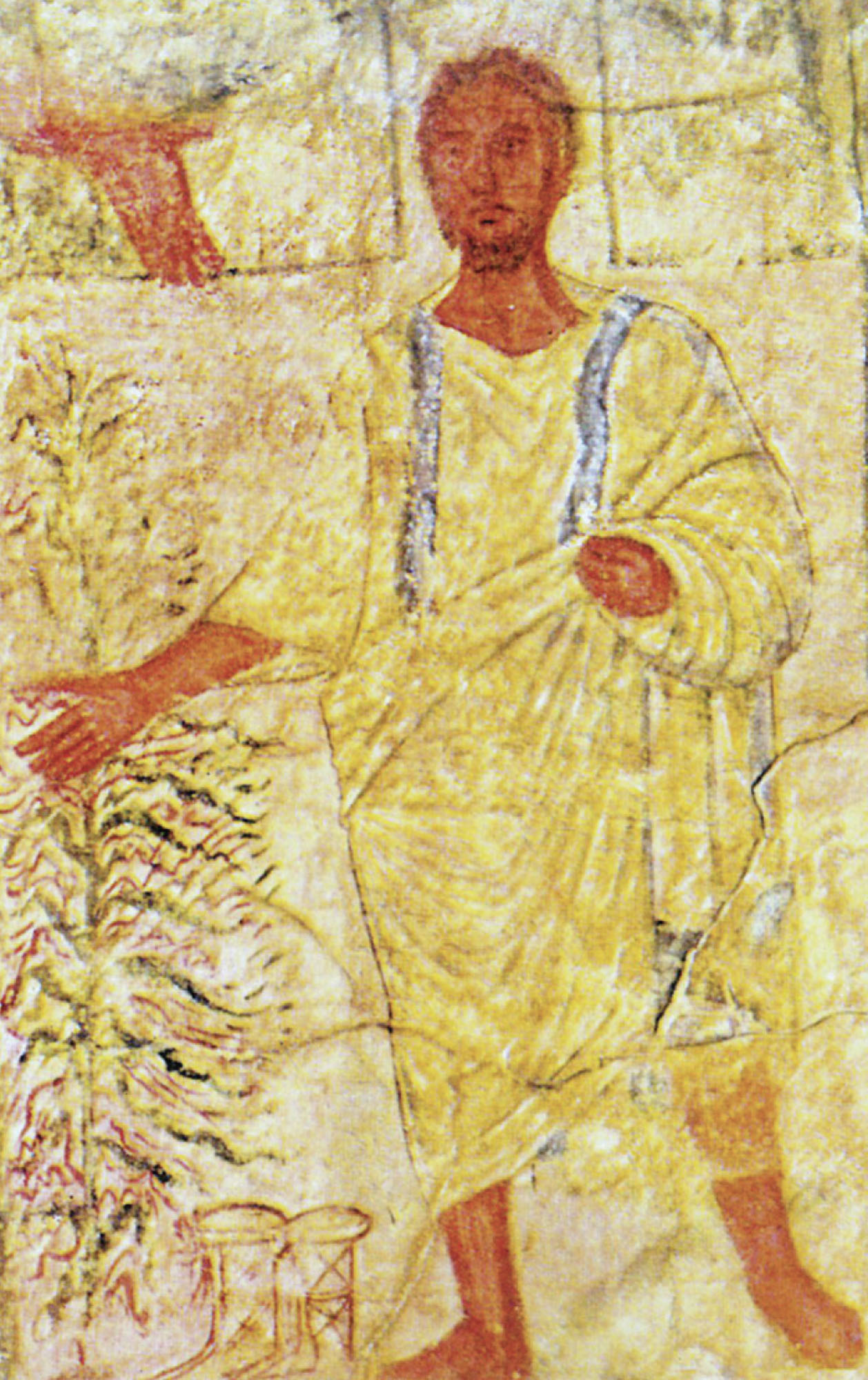 A painting of a man holding his arm out, holding a wide-eyed expression