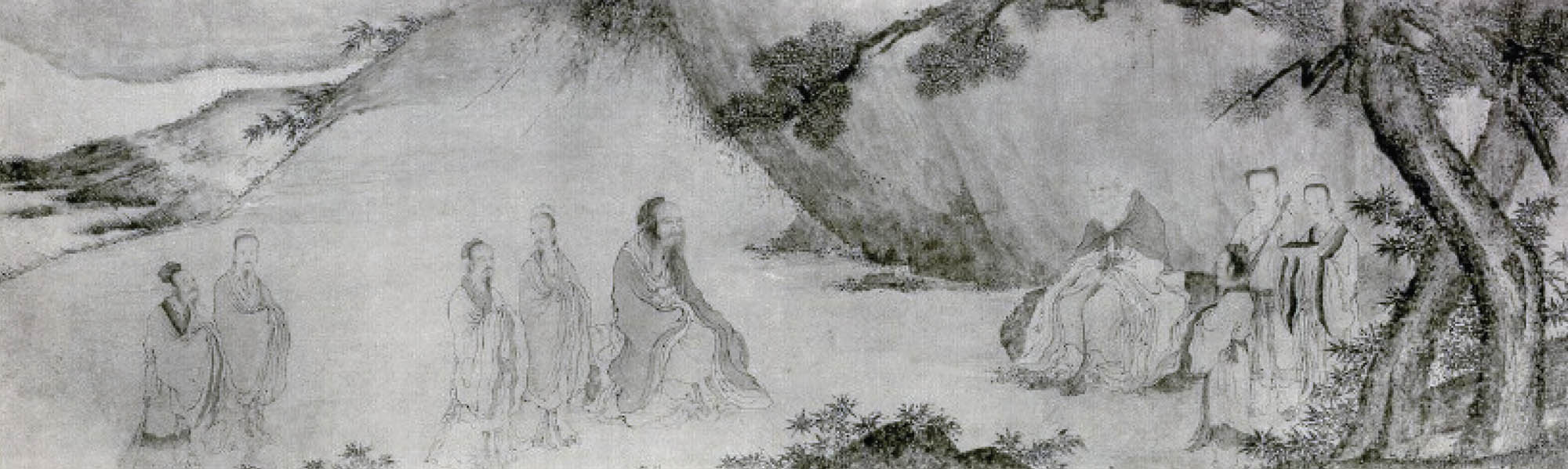 A detailed scene shows two elderly men, seated, meeting outside. One man is much older than the other, his hair white. Others stand on either side of the two seated men.