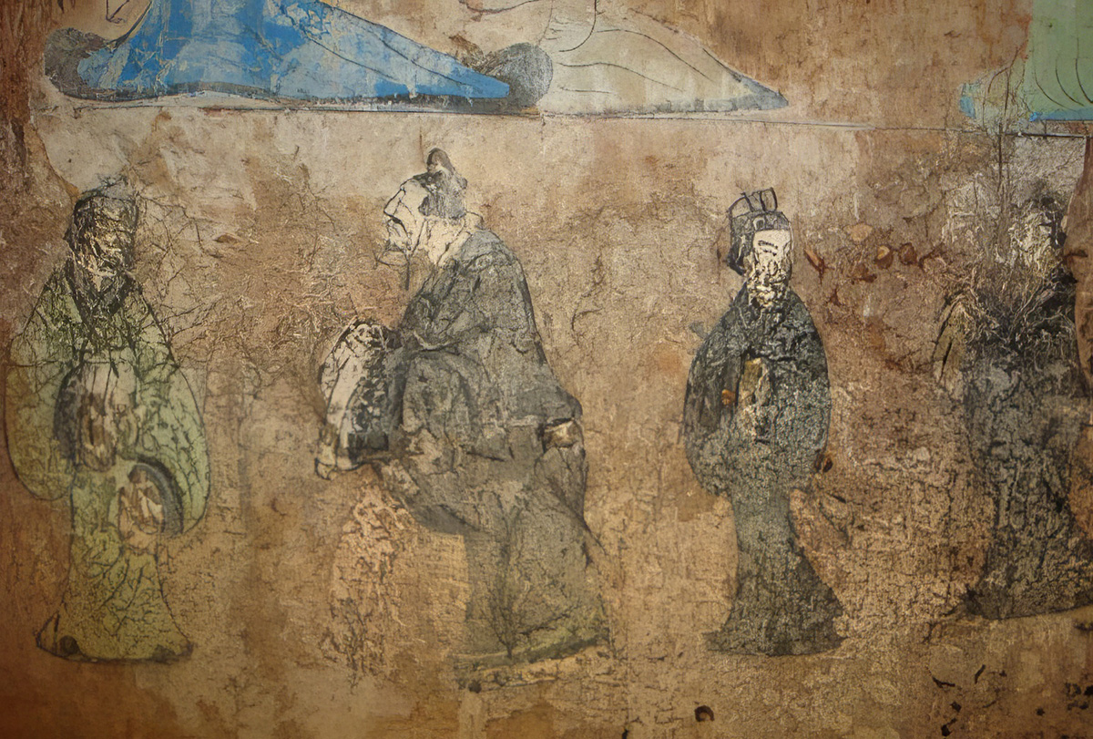 A somewhat-faded painting depicts the meeting of two men, with two others behind them.