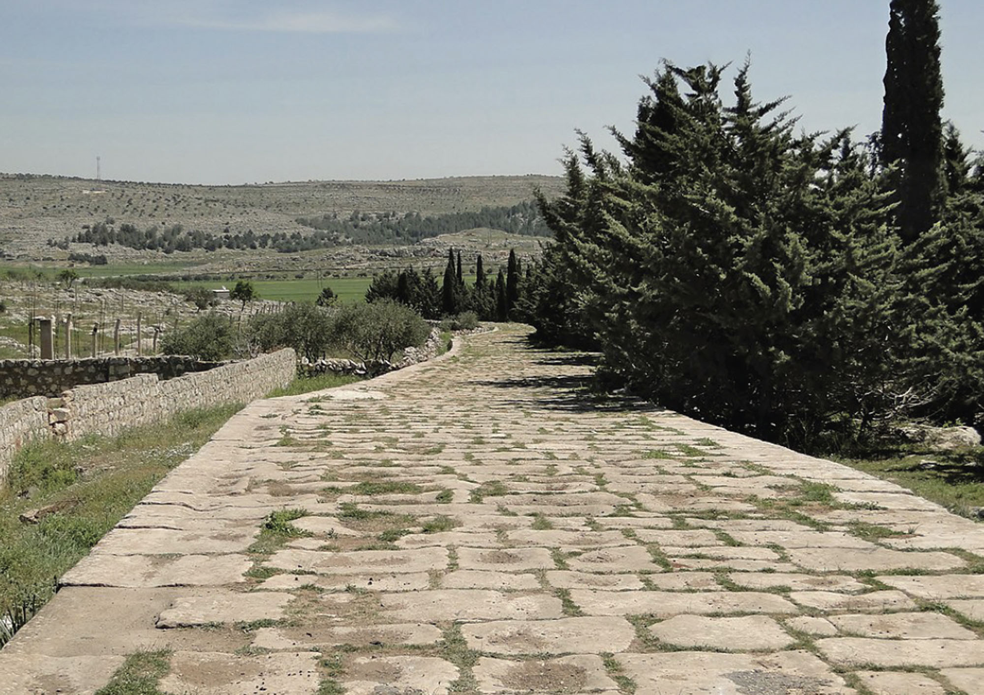 Photograph of a long brick road. The road is made of large and very old stone.