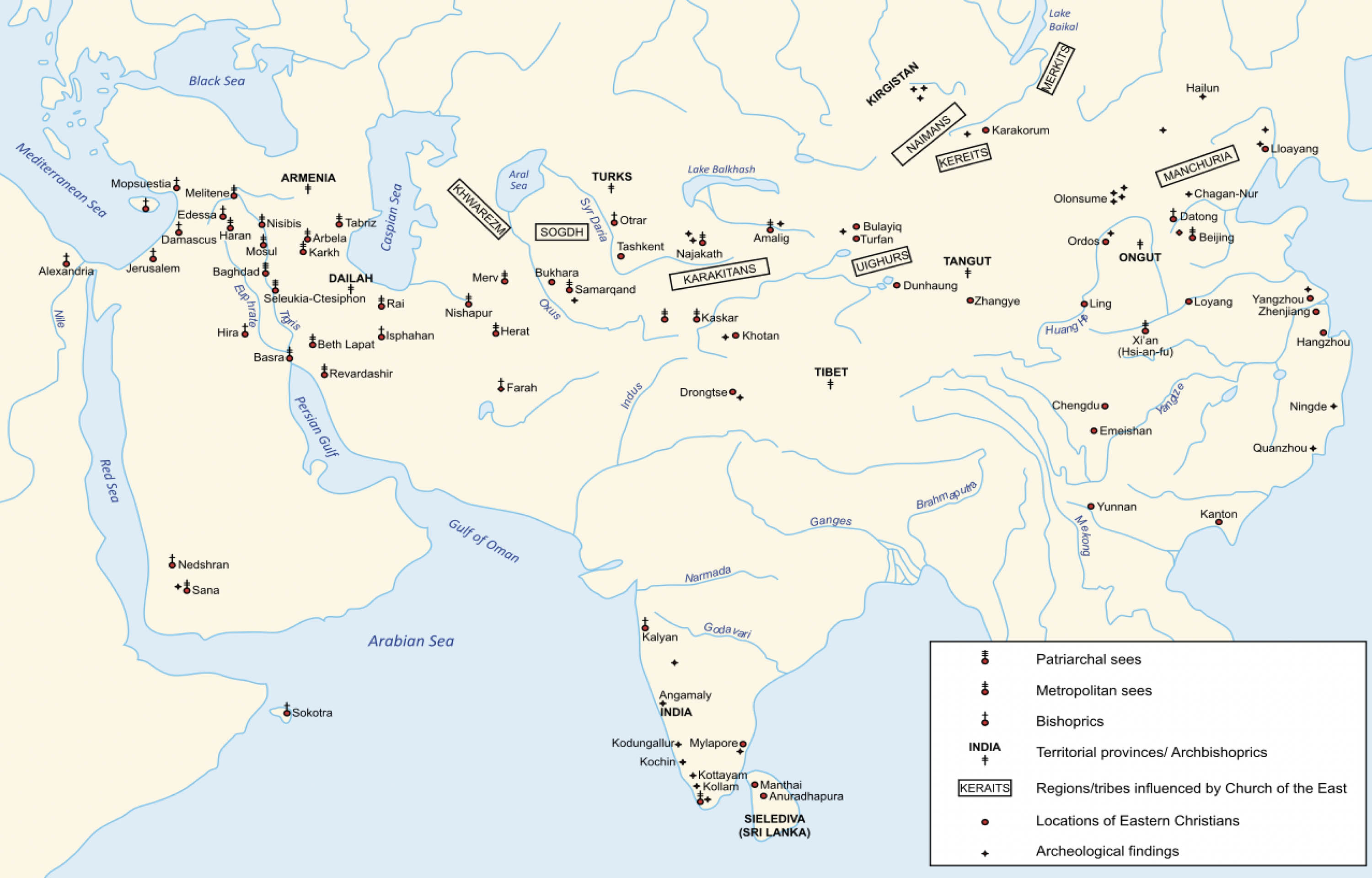 Map shows the variations of the Church of the East and where they were located during the middle ages  