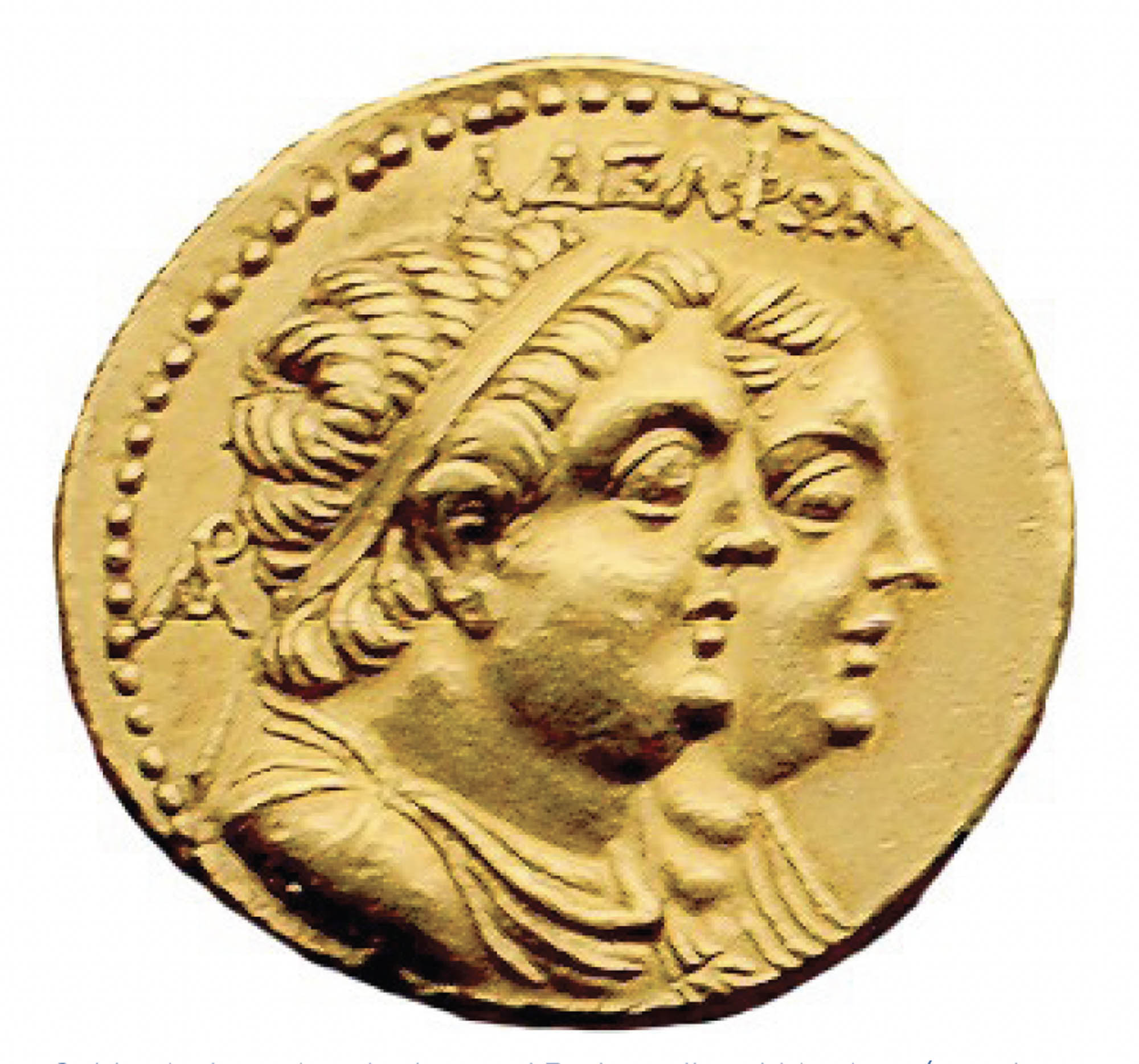 A detailed gold coin shows the profiles of Ptolemy II and his sister, Arsinoe II. Arsinoe II is behind her brother, partially obscured.