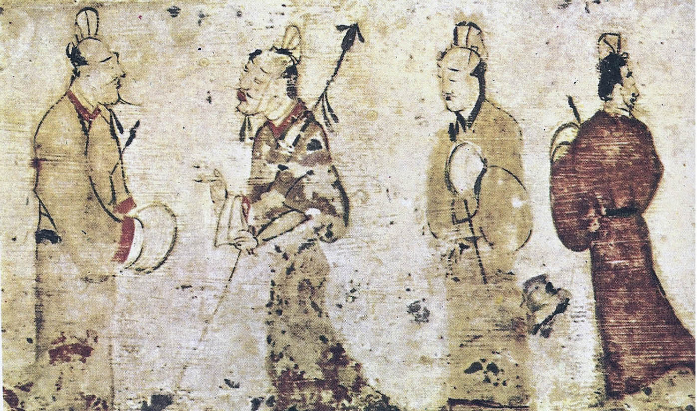 A painting of four men. Two are conversing, one has his back turned to the others.