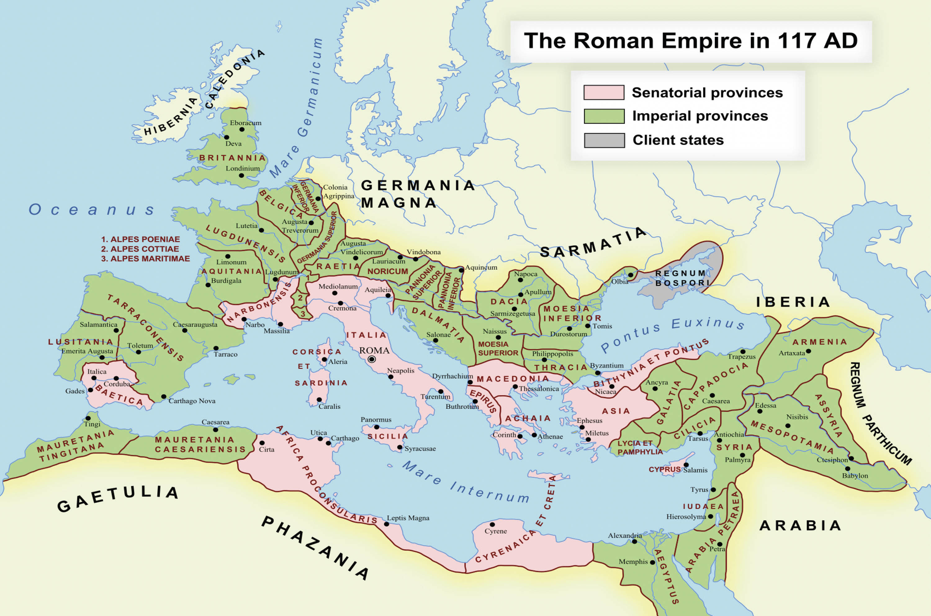 Map shows a breakdown of regions ruled by the Roman empire.
