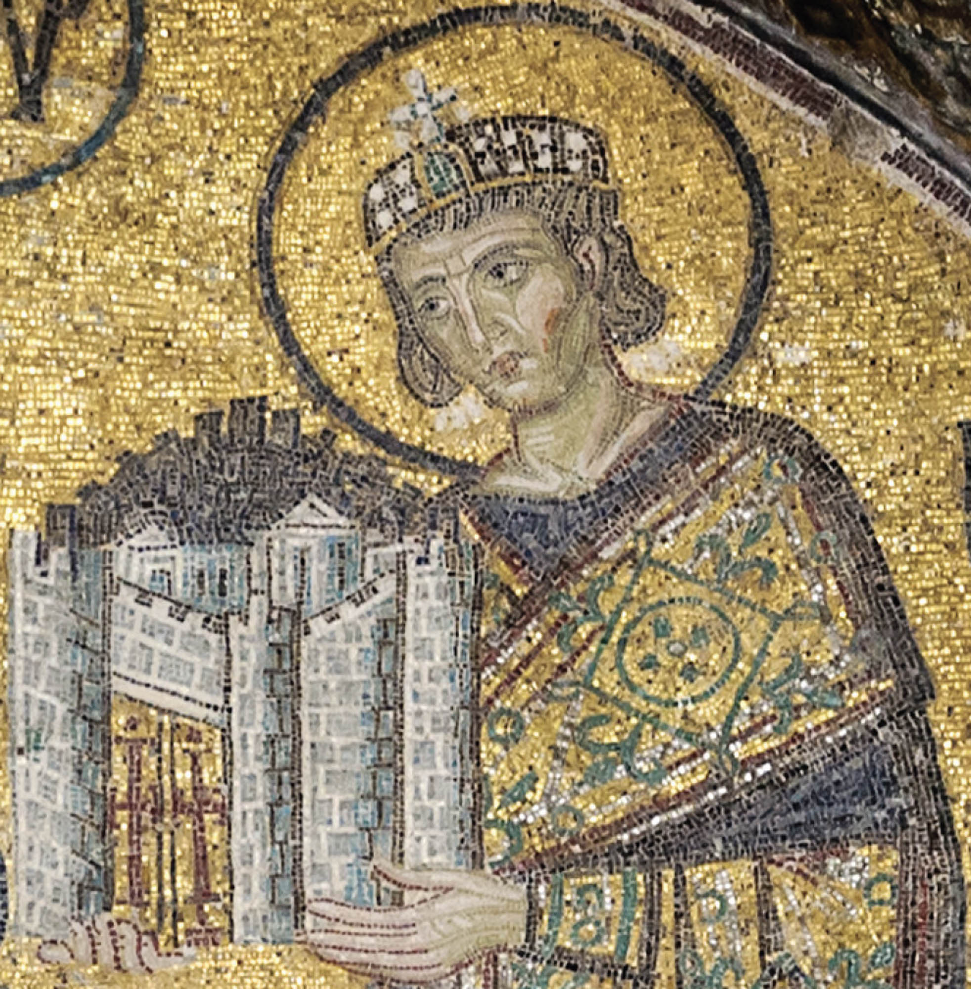 Mosaic of a man in ornate, golden clothing holding a model of a city.