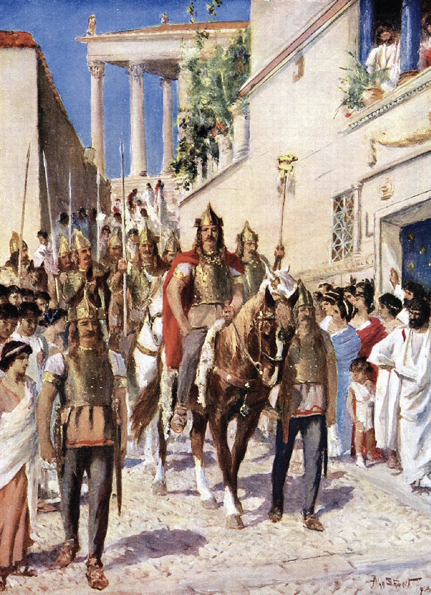 Illustration of a man, on horseback, parading through a town. He is holding a spear up above him in a regal stance, as are the many that are following behind him. Onlookers watch the group pass through.