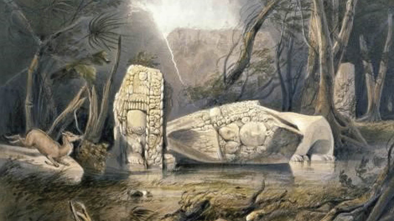 A photo of a broken sculpture. Part of it has fallen over into a body of water, and a deer-like animal is leaping over the water.