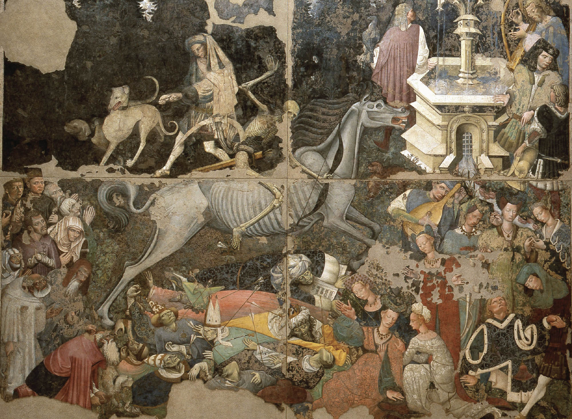 An eerie, paneled painting. In the center, a human skeleton rides on a horse skeleton, and below them, several lay dead. In the corners, people crowd around a fountain and look over the dead.