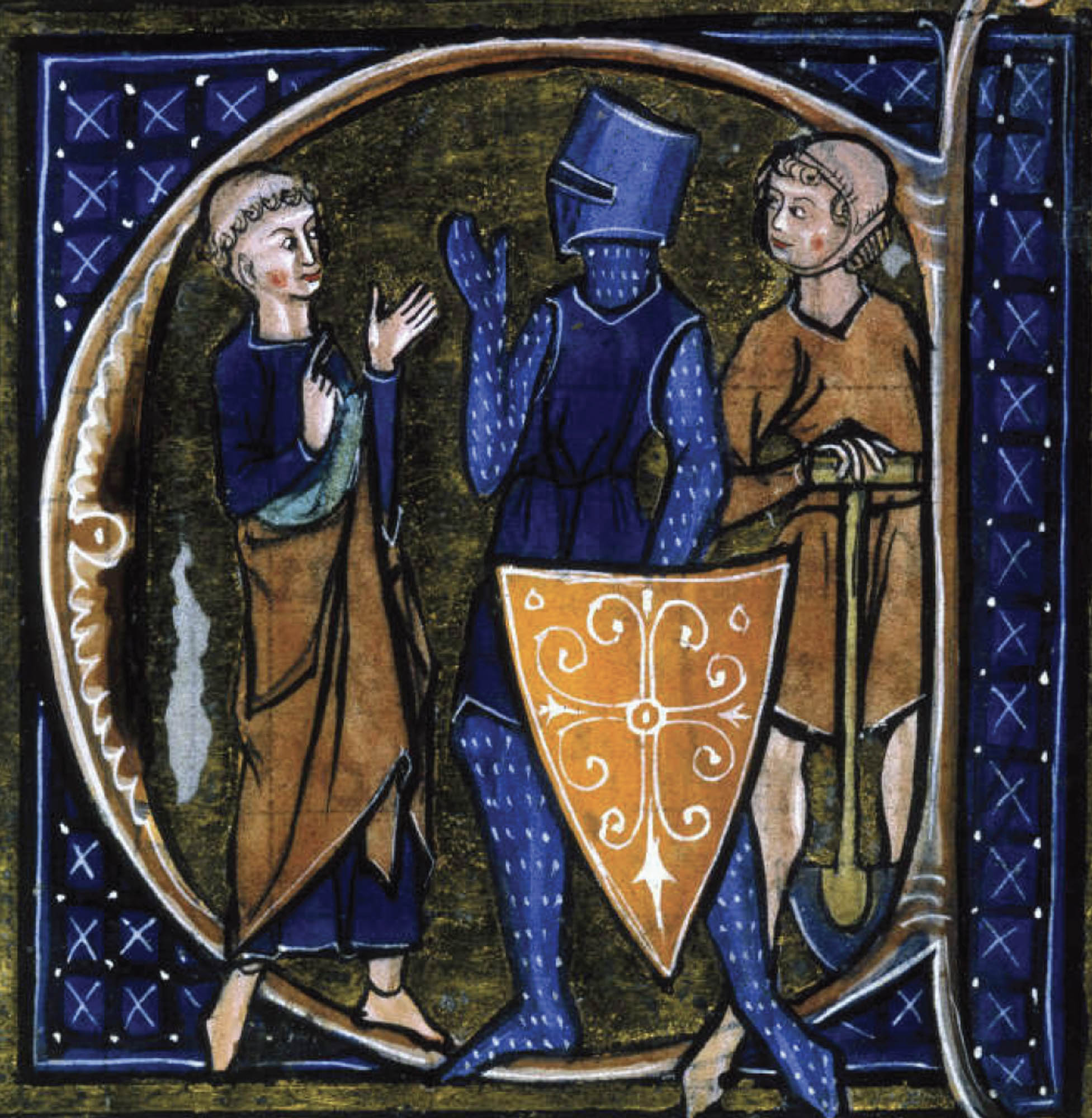 A painting of two people conversing with a knight that is dressed in all blue. The knight is carrying a brightly colored shield.