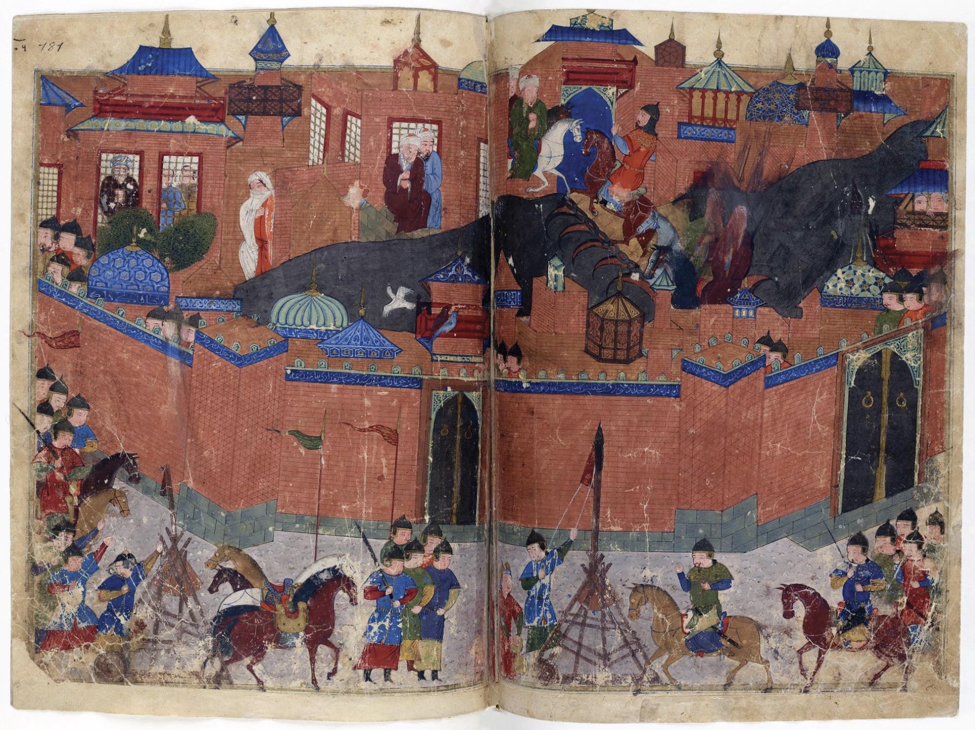Painting of soldiers on horseback attempting to lay siege to a walled city. Citizens of the city watch from their windows.