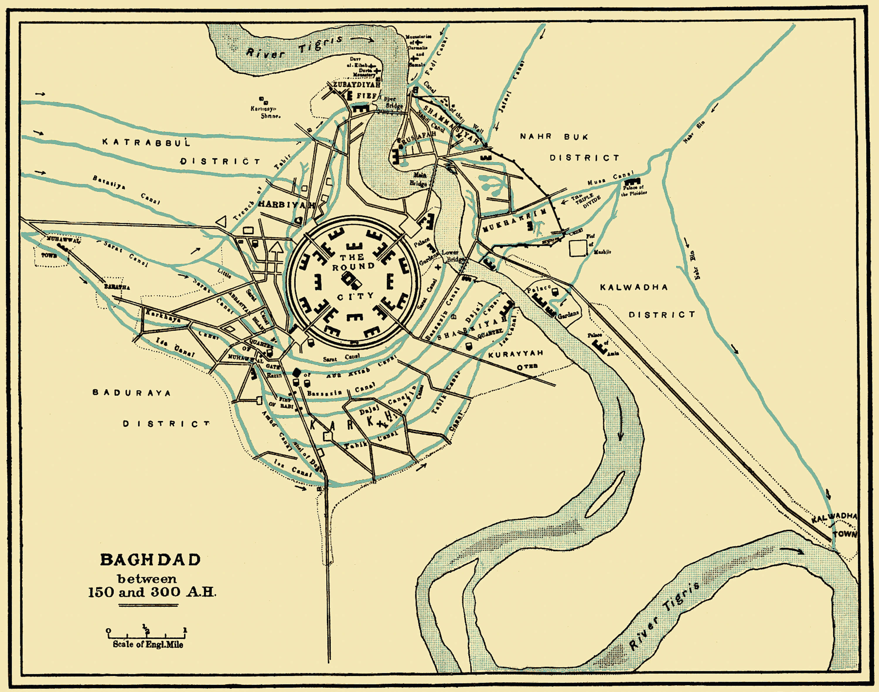 An old, drawn map of the city of Baghdad. In the center of the map reads “The Round City”