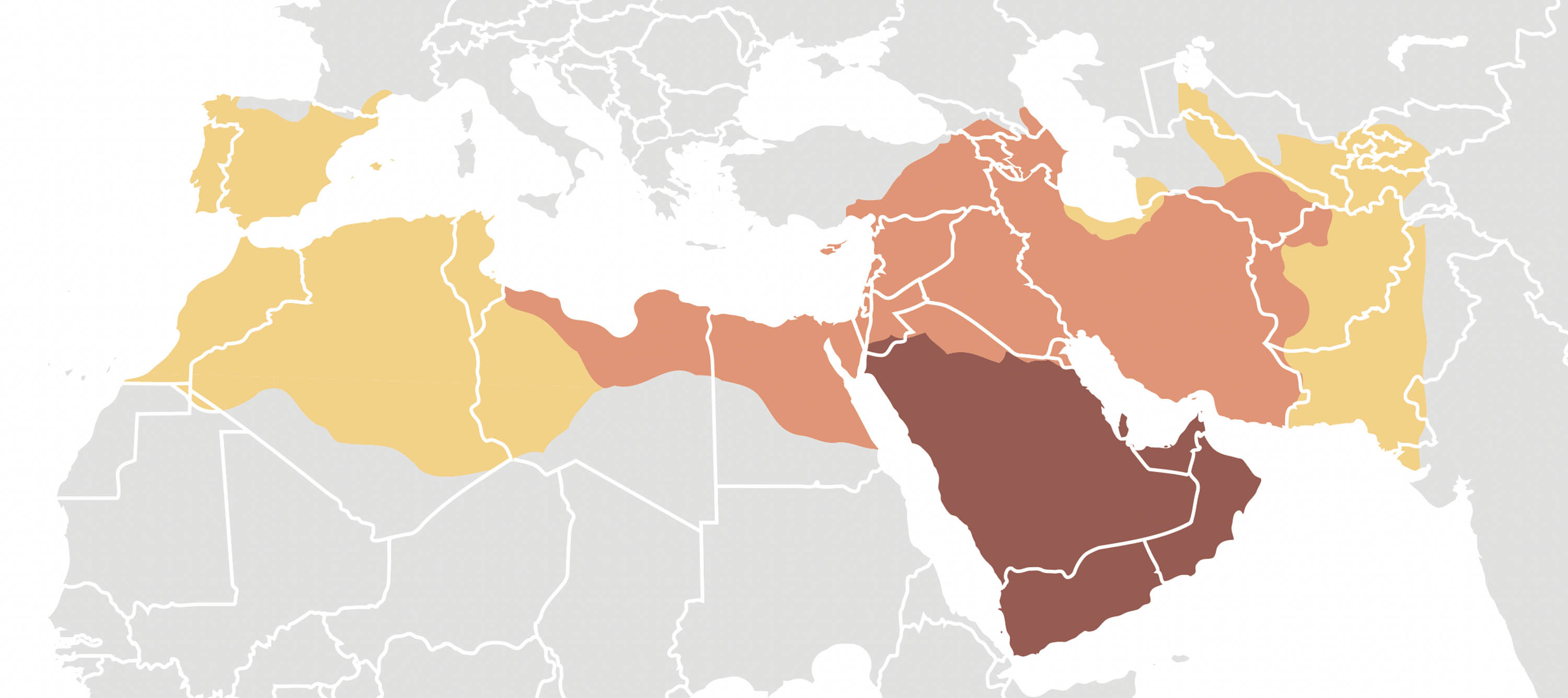 Map shows the expansion of Muslim ruled states, gradually moving outward.