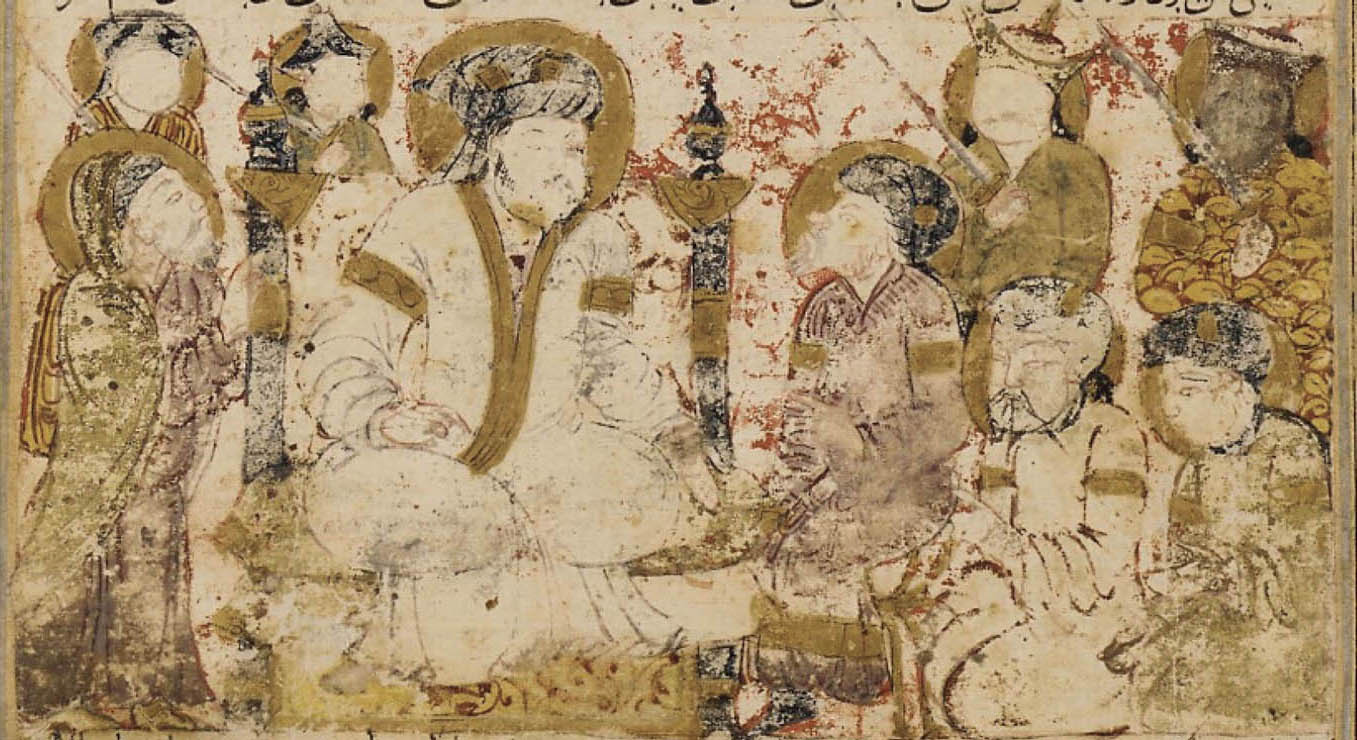 A painting, faded with age, depicts a ruler seated in a throne surrounded by others looking up at him.