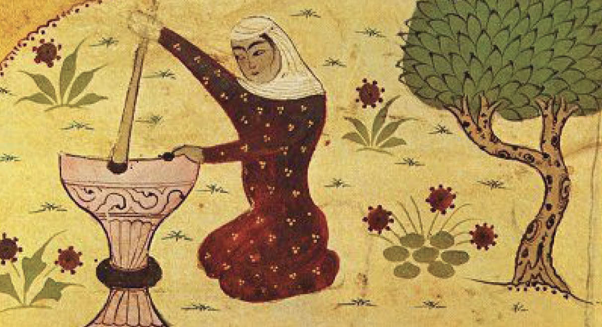 A painting of a woman, seated in a field next to a large vessel and a tree. She is wearing a long red dress.