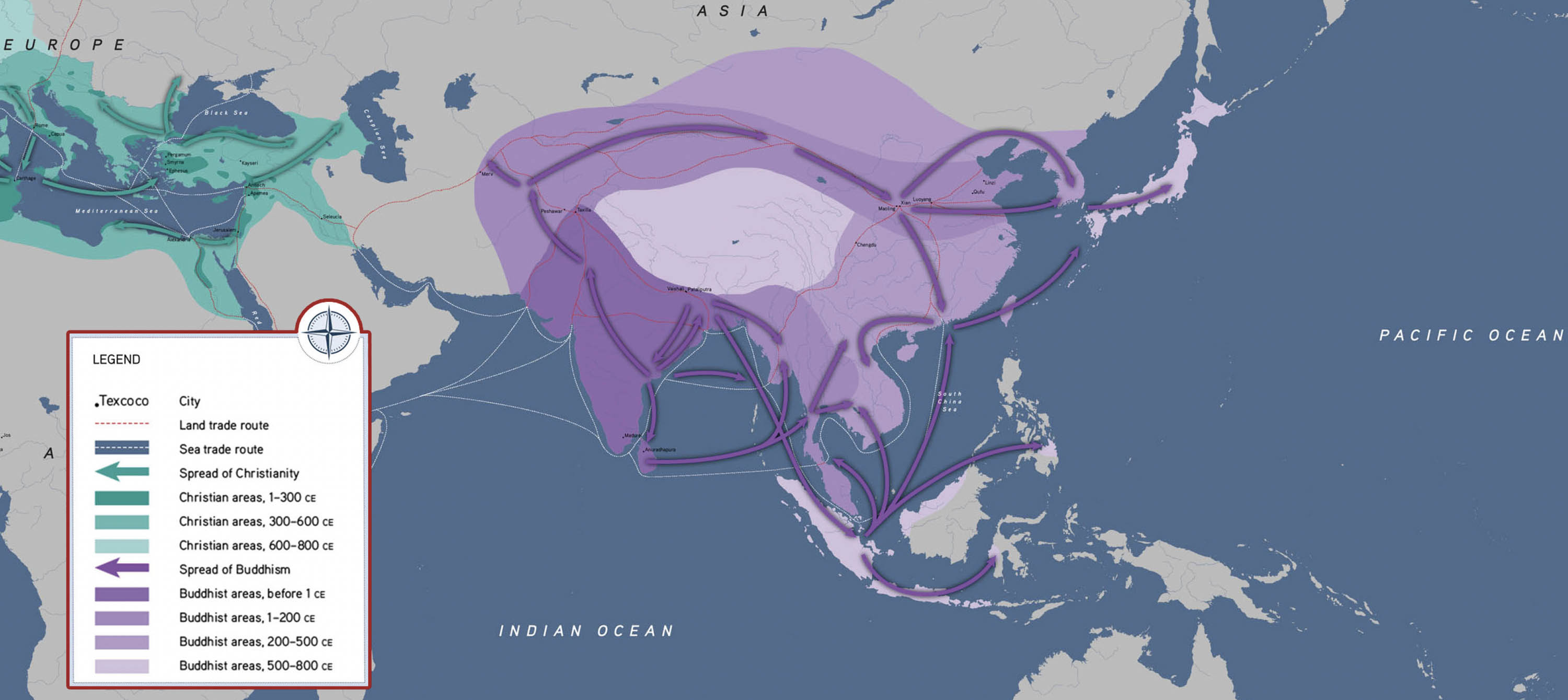 A map of parts of Asia and the Middle East shaded with different colors and arrows to indicate the spread of major divisions of Buddhism.