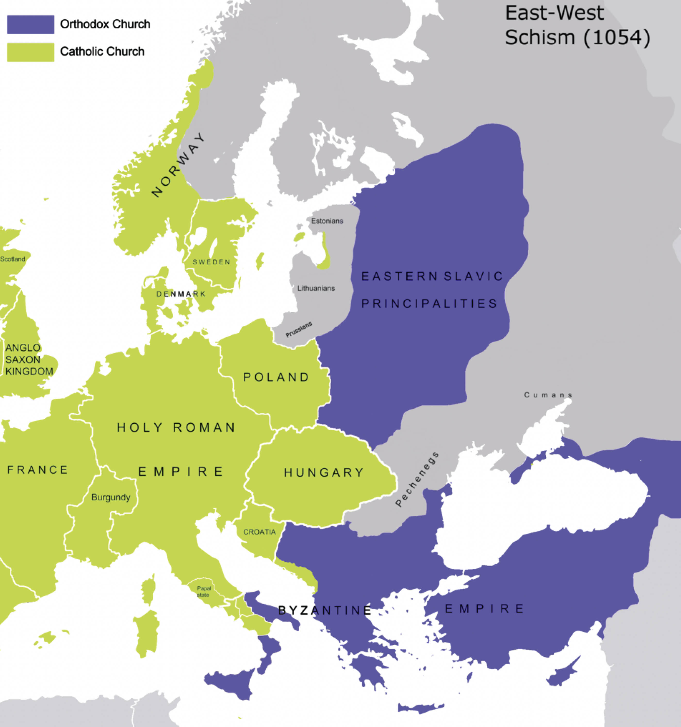 Map shows the various religious alliances, with France, the Holy Roman Empire and other countries in one alliance, and the Byzantine Empire and Eastern Slavic principalities in another.