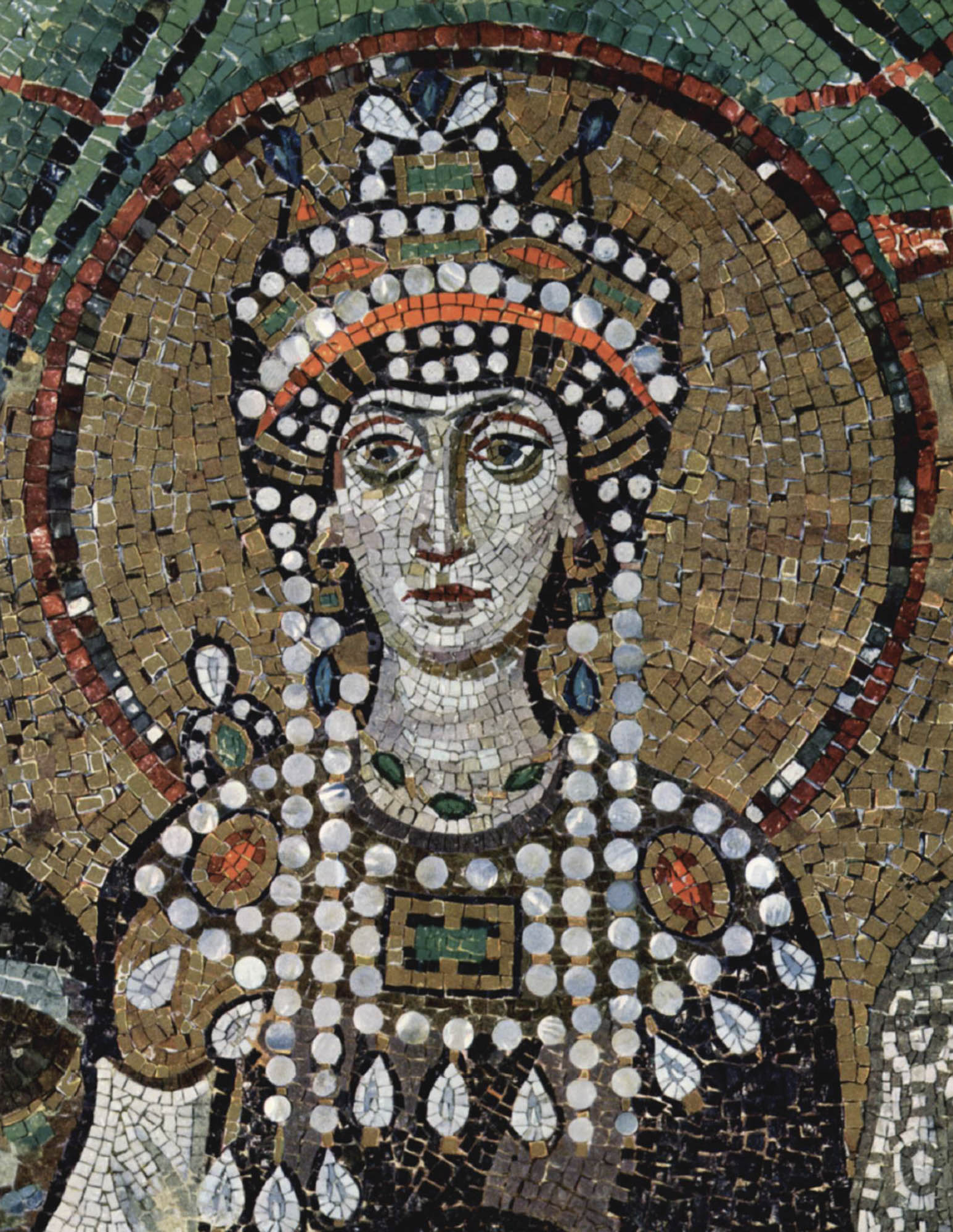 A mosaic of a woman in an elaborate headdress and wearing jeweled clothing.