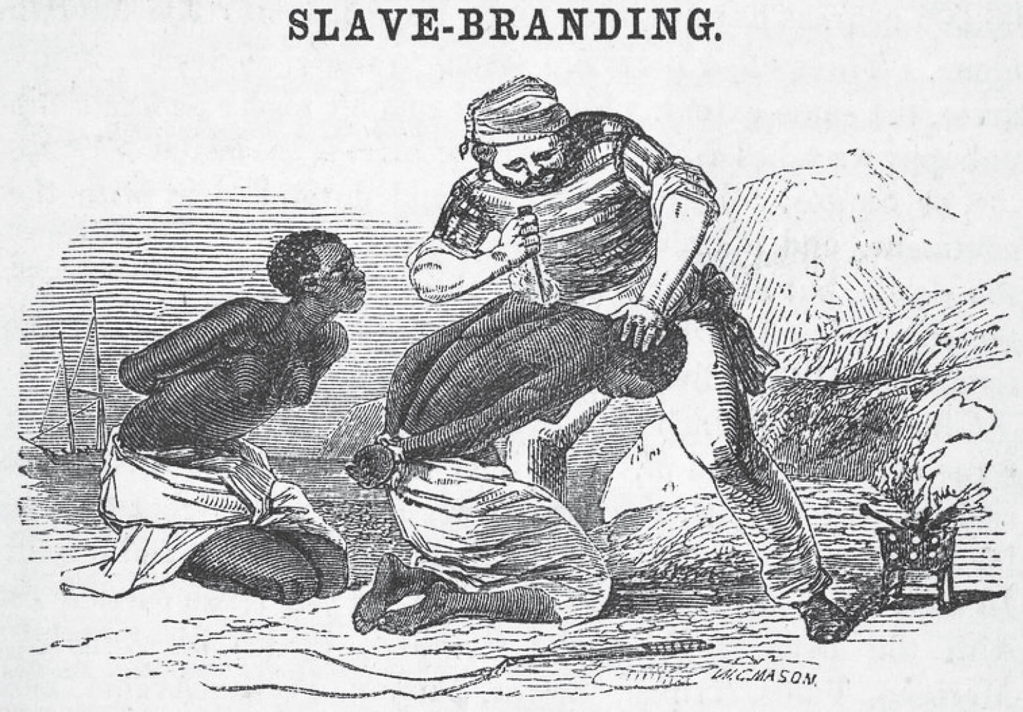 A drawing of two enslaved people, being branded by a slave trader. Their arms have been tied behind their backs.