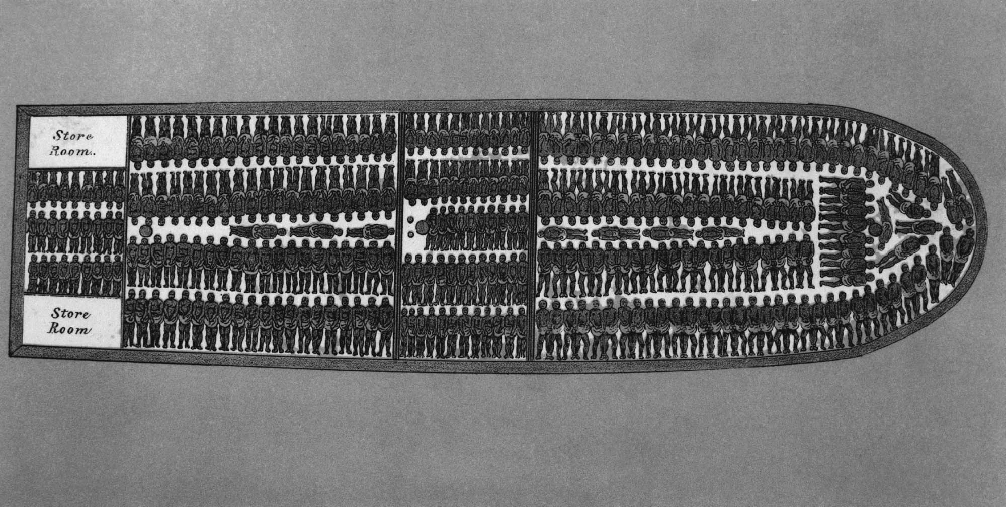 A drawing of many, many enslaved people crammed onto a ship. The people have been tied up and are laying down, pressed against one another.