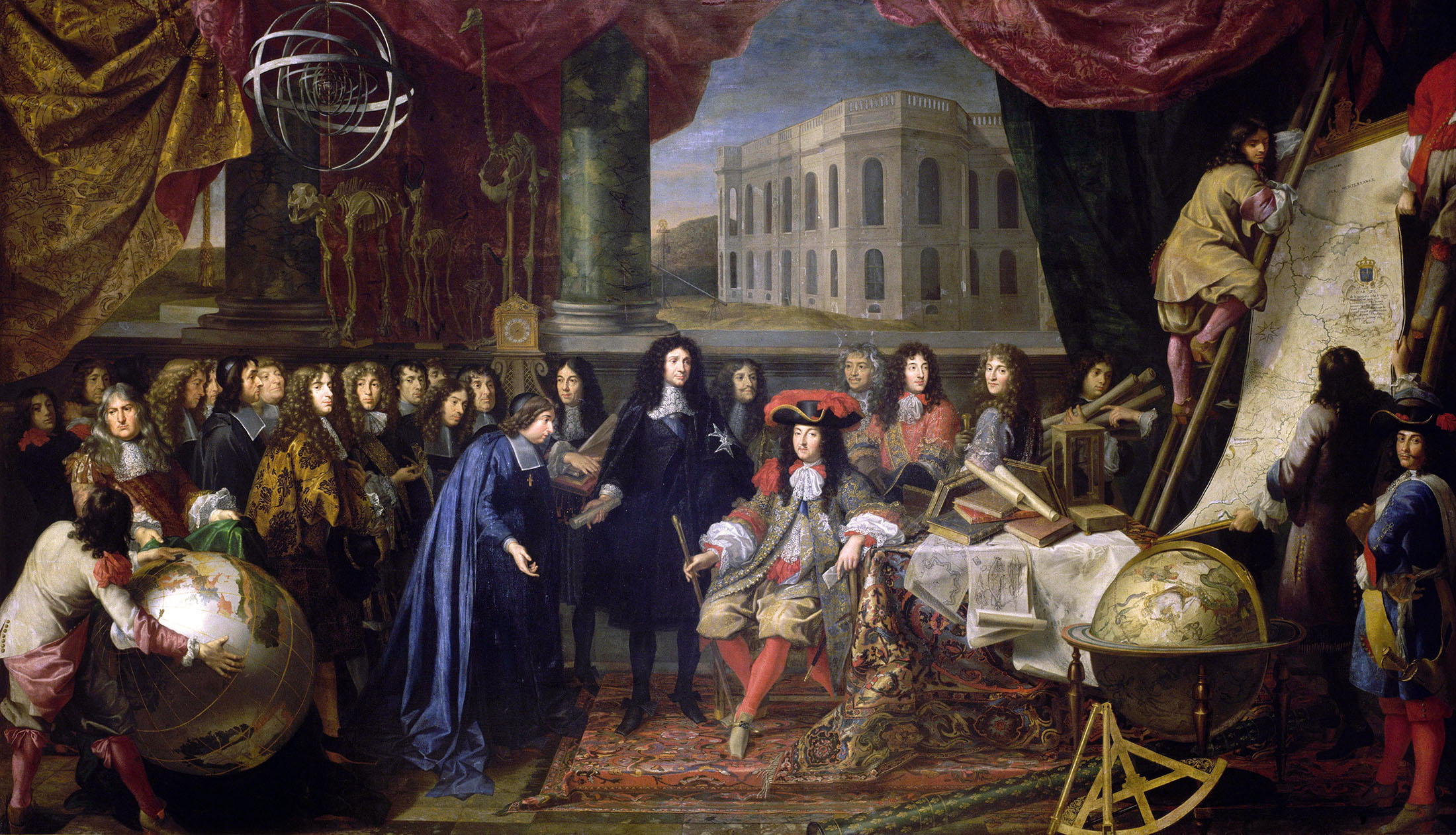 Oil painting by Henri Testelin depicting Minister Jean-Baptiste Colbert presenting members of the Royal Academy of Sciences to King Louis XIV, surrounded by scientific instruments, with the Paris Observatory visible through a central window. 