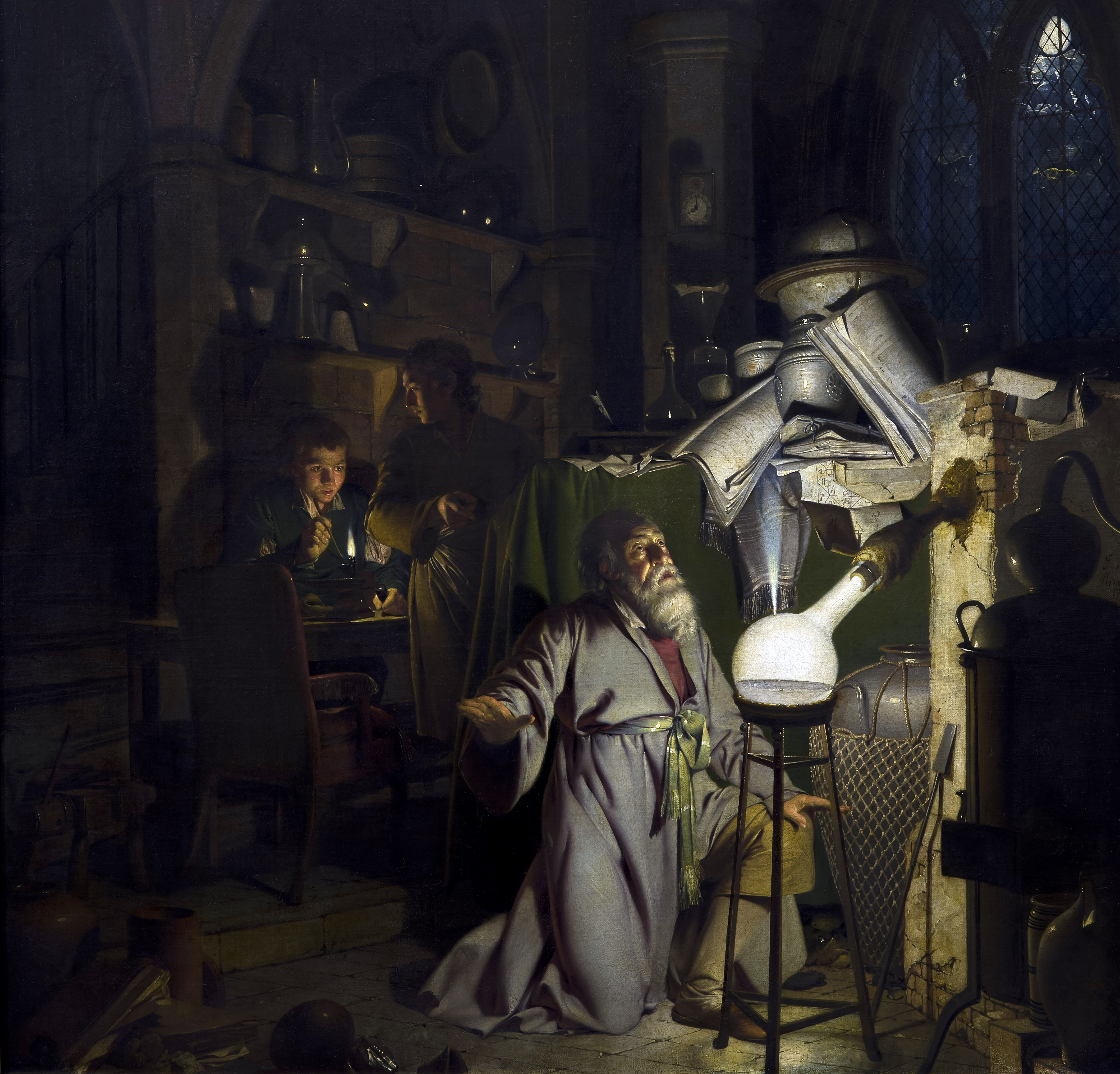 The painting shows the alchemist working in a laboratory, trying to produce the elusive Philosopher's stone, which could turn ordinary metal into gold. But instead, to his amazement, he discovers phosphorus.
