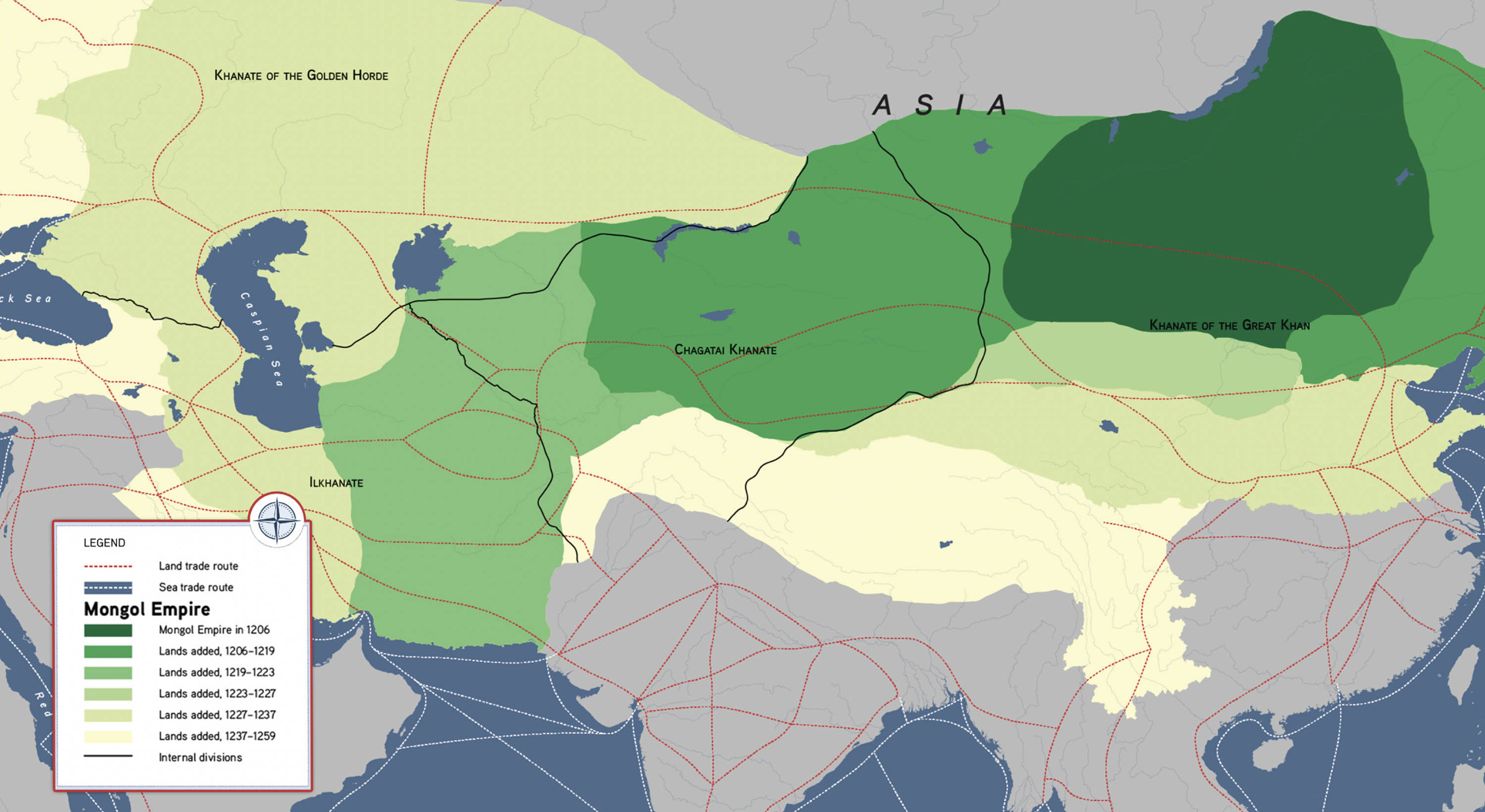 Map of Europe, Africa, Asia, and South Asia and its division into four separate parts.