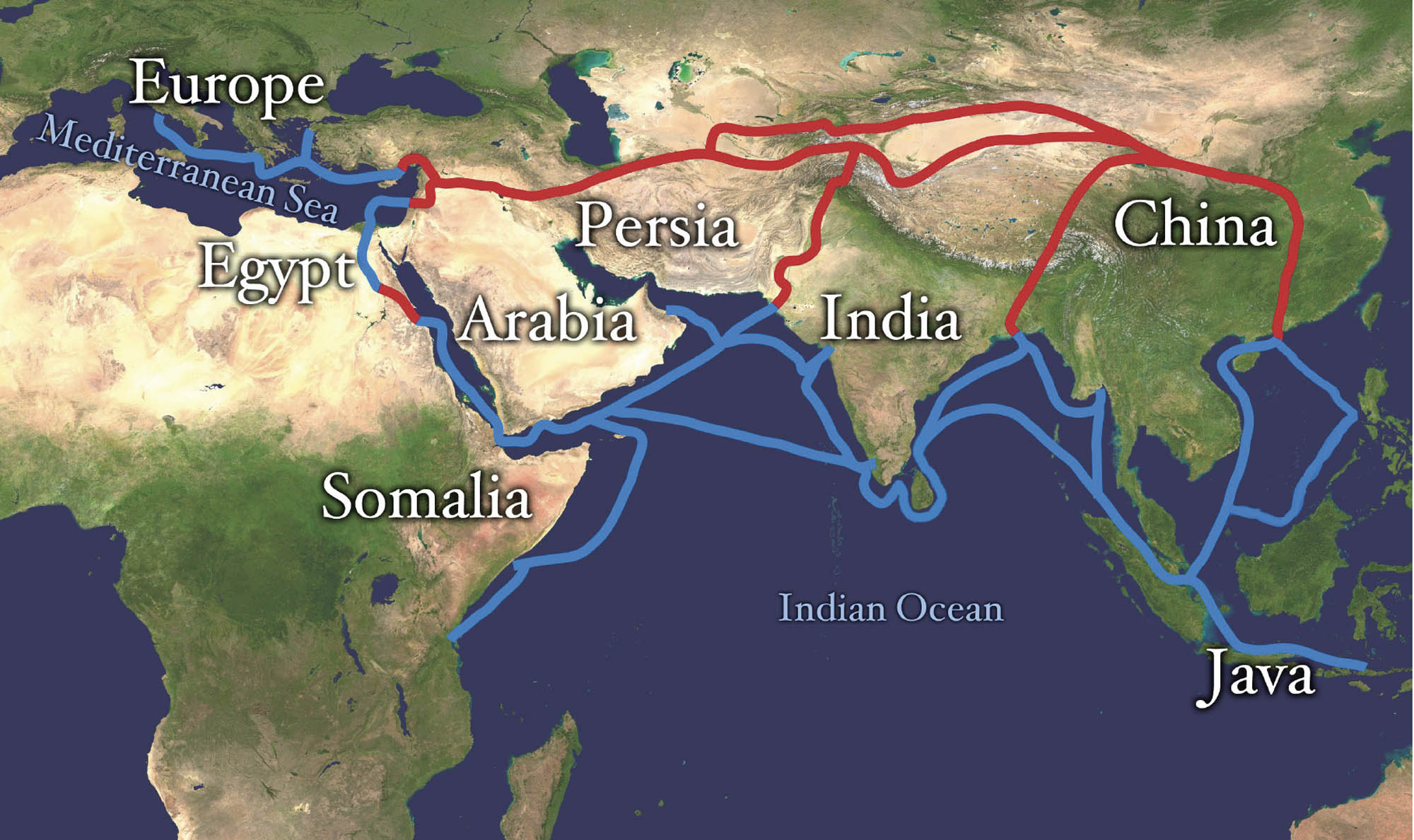 Map shows the vast trade networks that made up the silk roads, stretching from Europe and Egypt all the way through China.