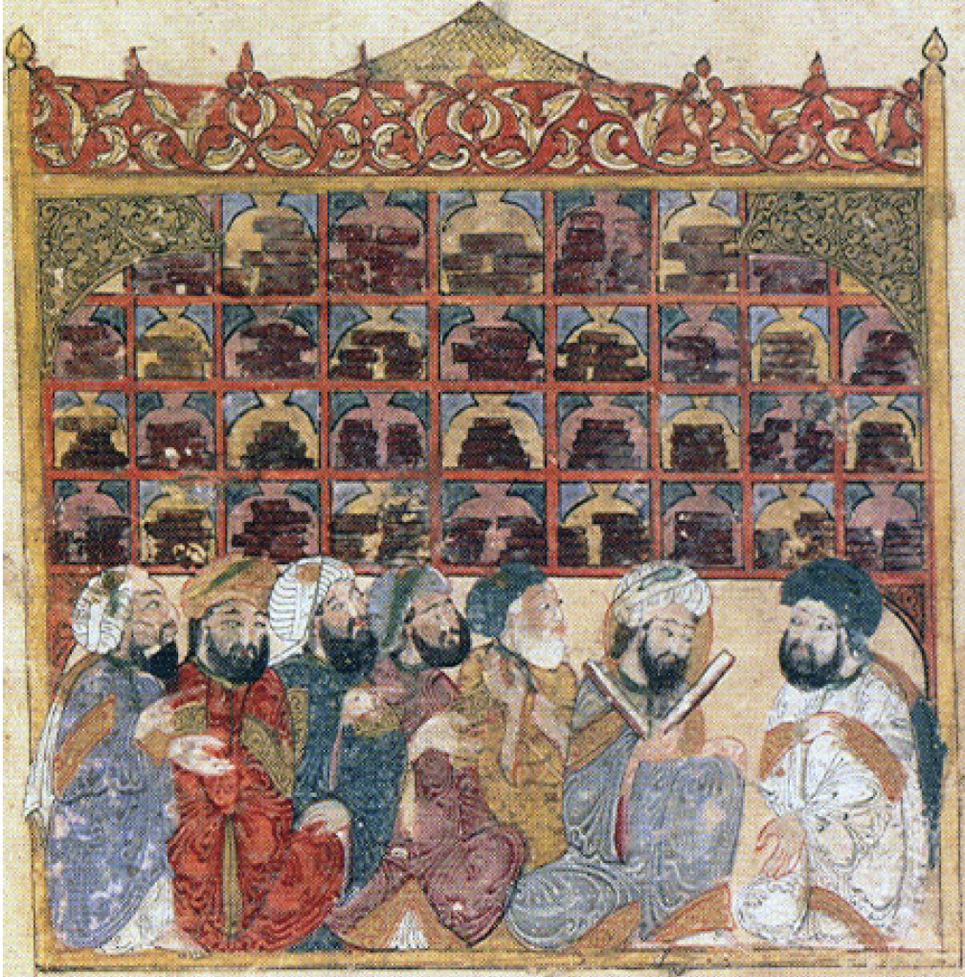 Several scholars sitting in a library, conversing about a text. Behind them are tall shelves of books.
