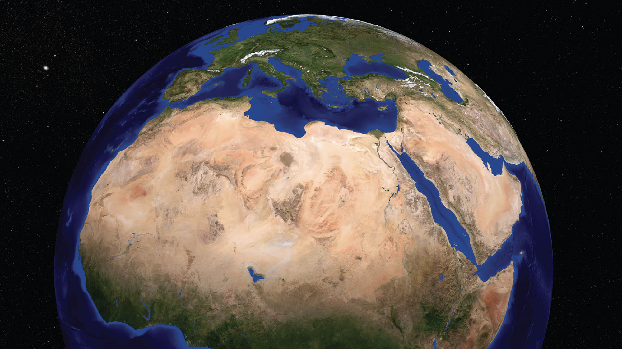 Image of northern Africa. The top two thirds of the land is yellow, indicating desert, and the bottom third of the land included in the image is green.