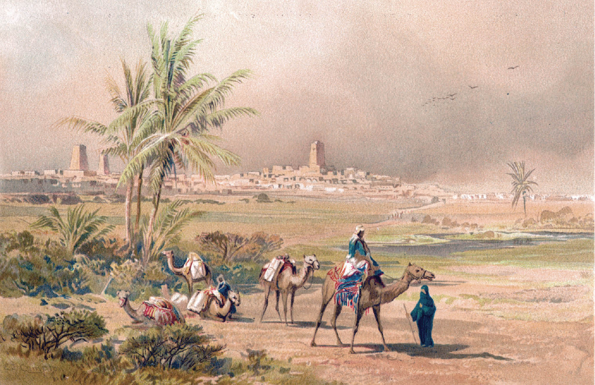 A group of people, some on foot, some on camels and some on horseback walk toward a city in the distance.