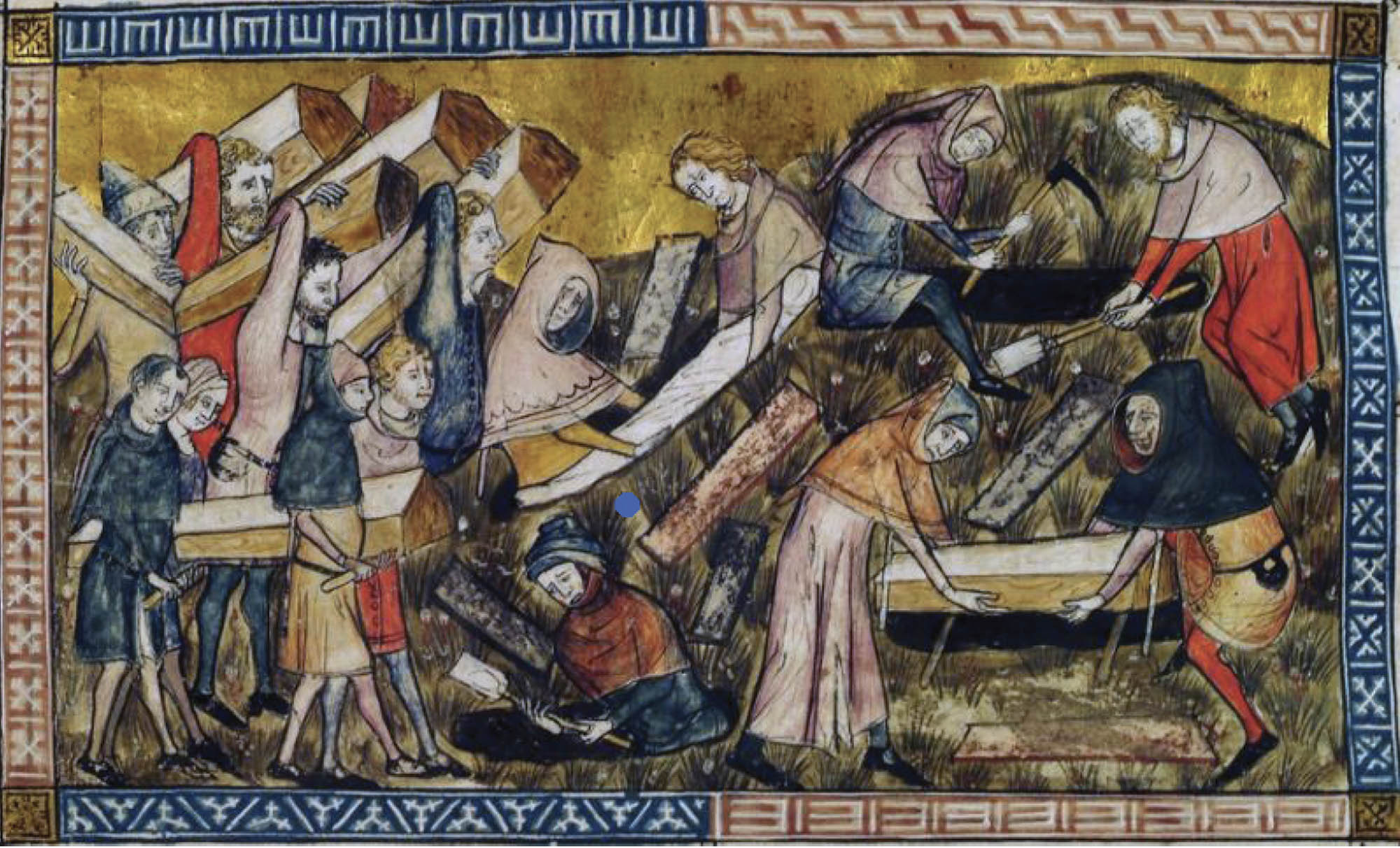 Painting of many people, carrying wooden coffins, getting ready to bury plague victims. Most people wear sad expressions on their faces.