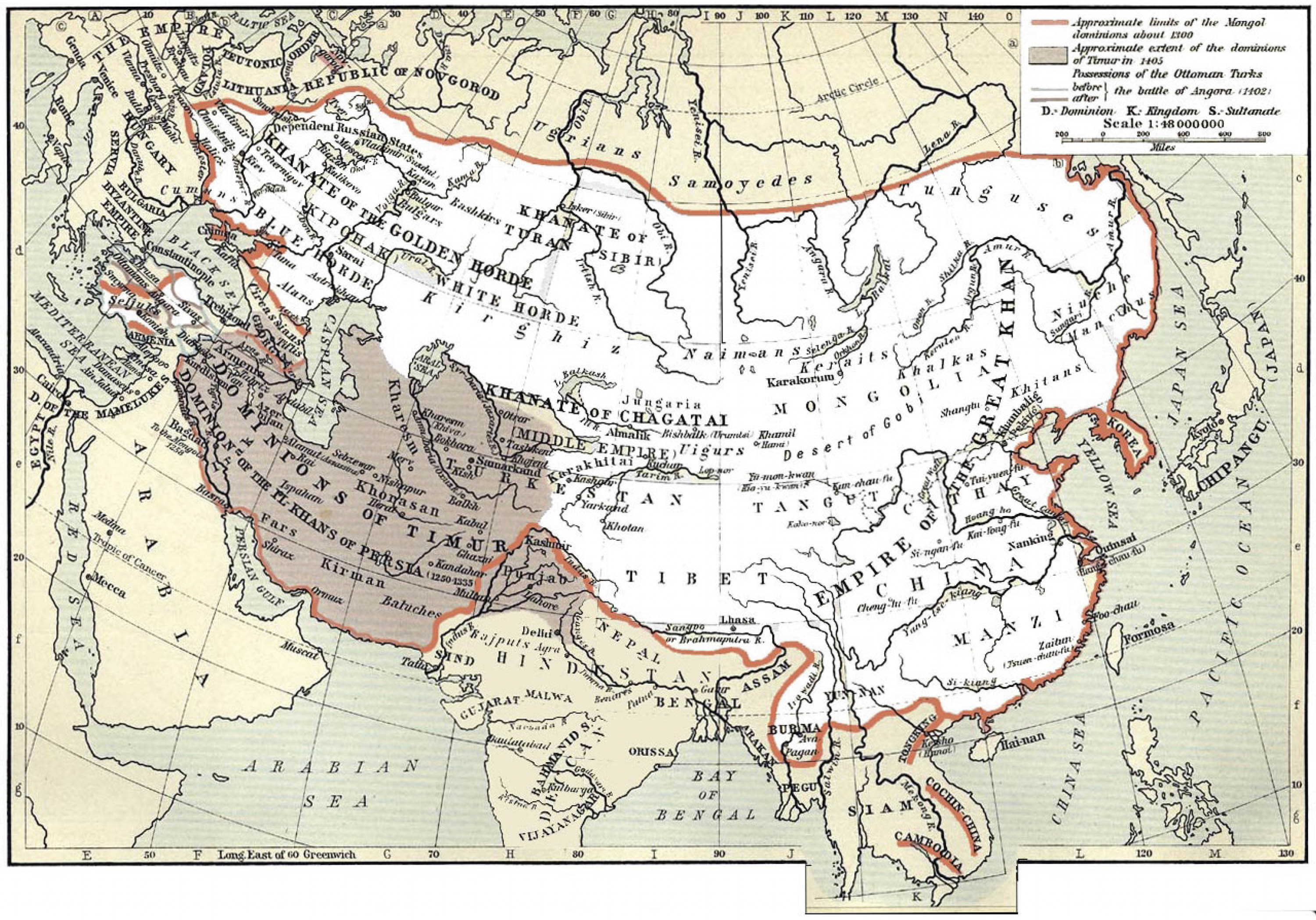Map shows the extent of the Mongol empire. The land controlled by the Mongols was vast.