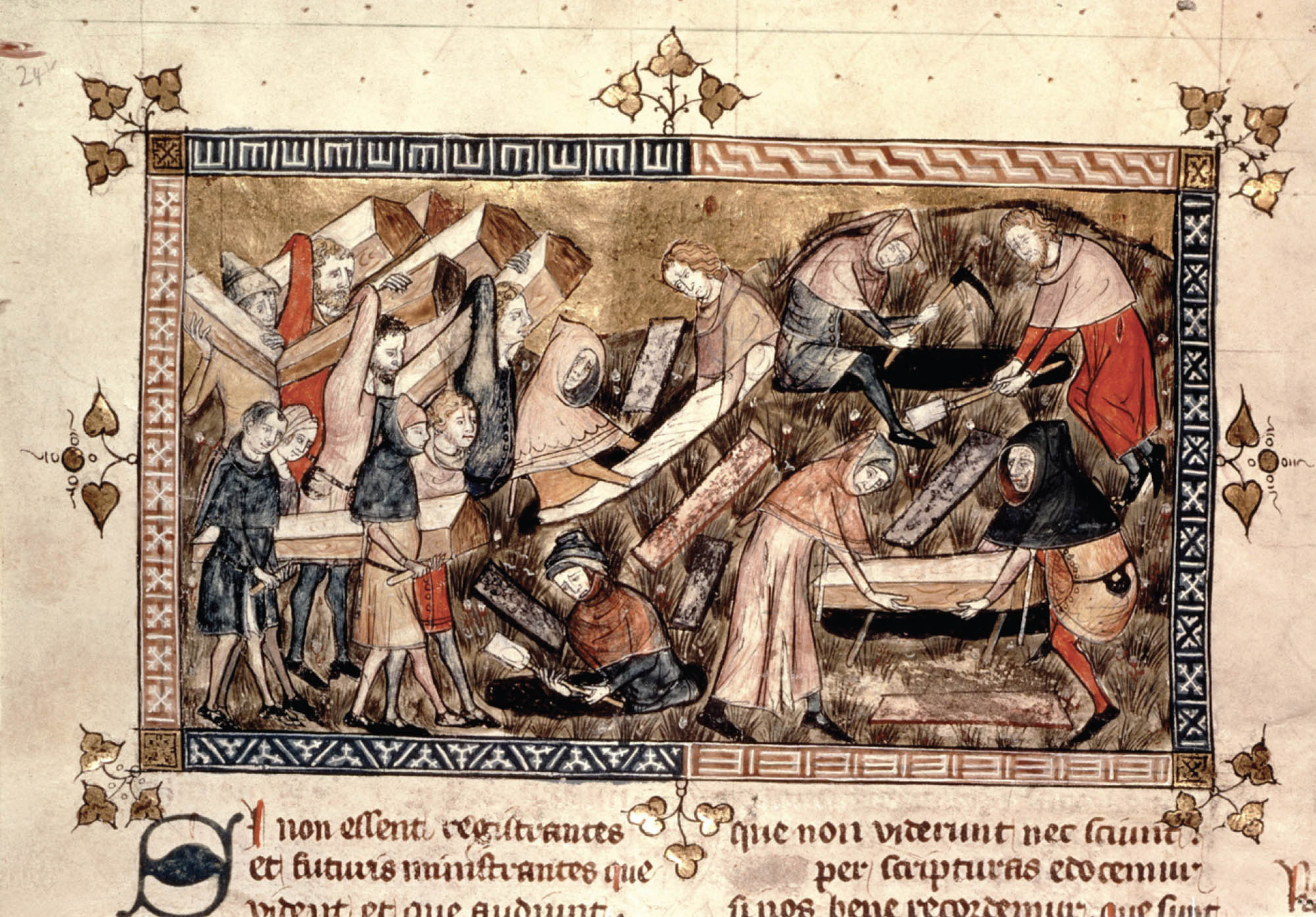 Illustrated manuscript painting of procession of villagers carry coffins to a graveyard for burial.