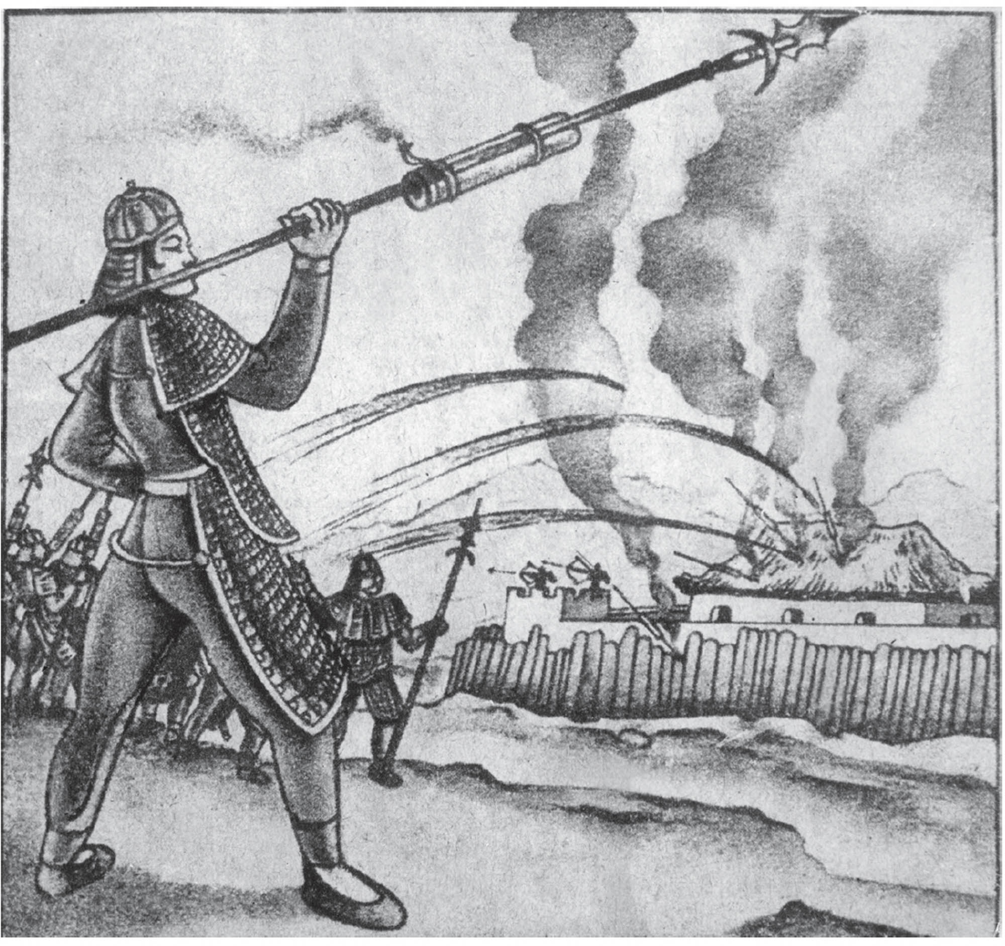 A black and white ink drawing depicting a person holding a long pole with circles coming out of an attachment on the end of the pole.