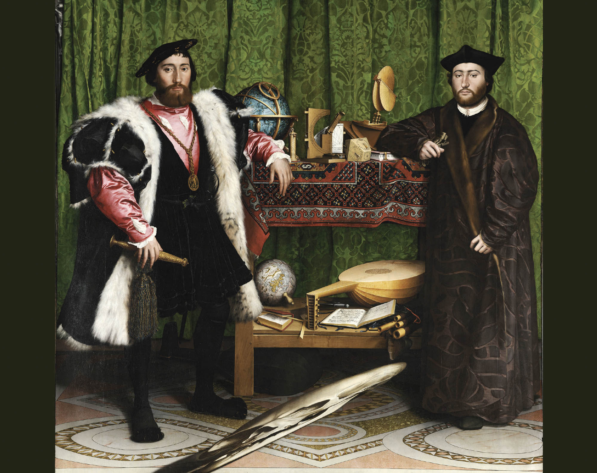 Two men of European descent dressed in extravagant clothing lean against a shelf full of instruments and globes. In the foreground at the bottom is a distorted human skull.