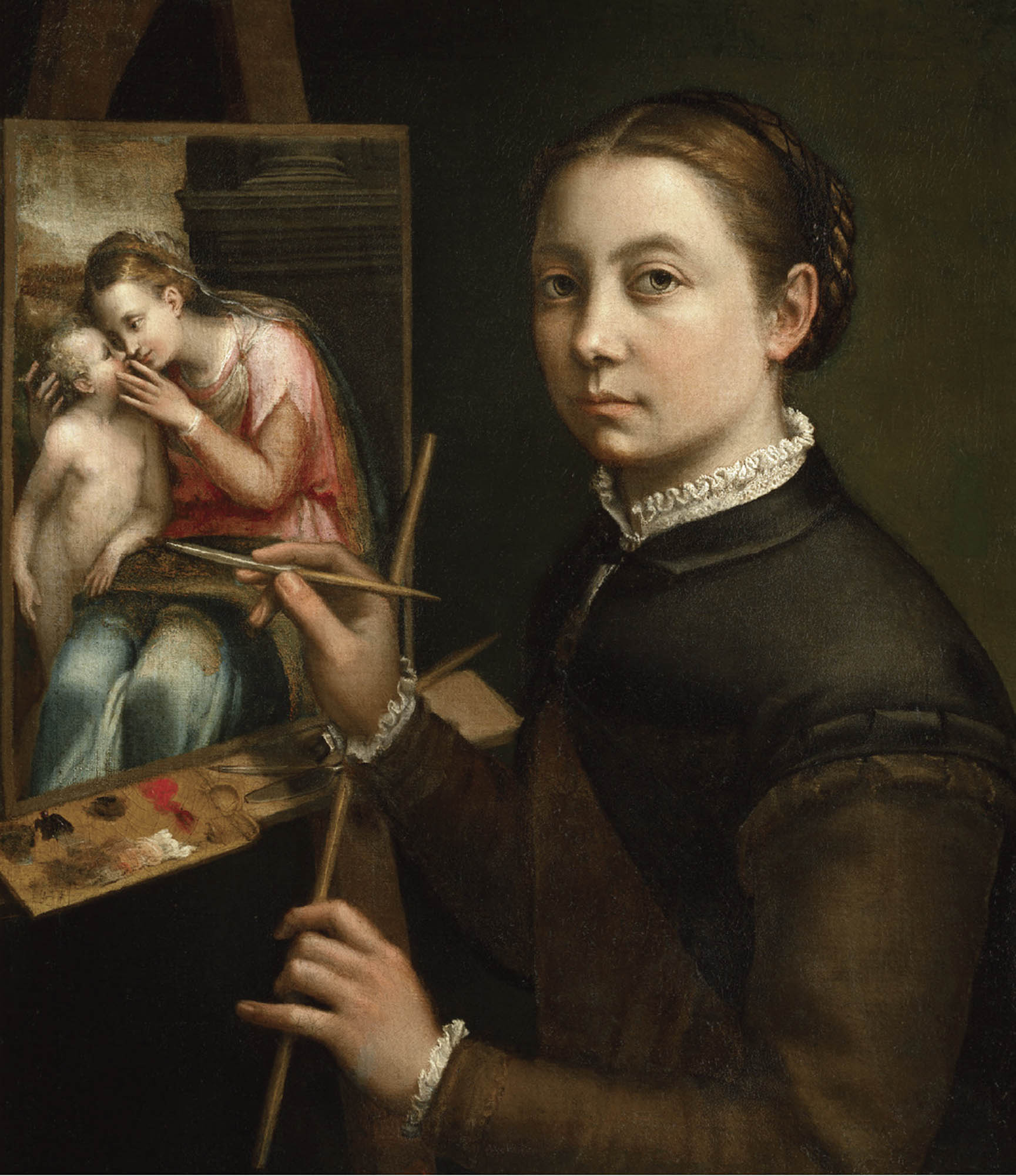 A young woman of European descent is painting at her easel and her gaze is looking straight at the viewer.