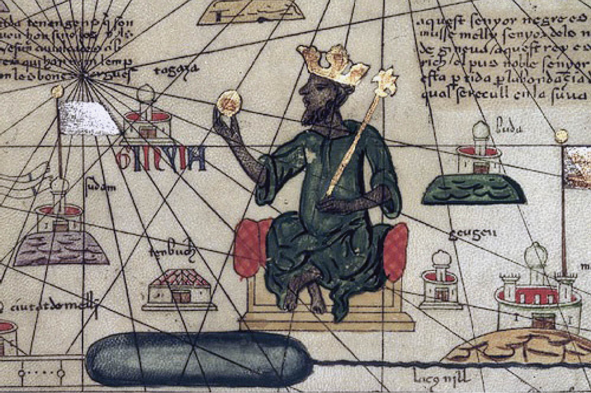A painted depiction of Mansa Musa, sitting in a chair, holding a piece of gold, wearing a crown. Around him are portions of text and images of buildings.