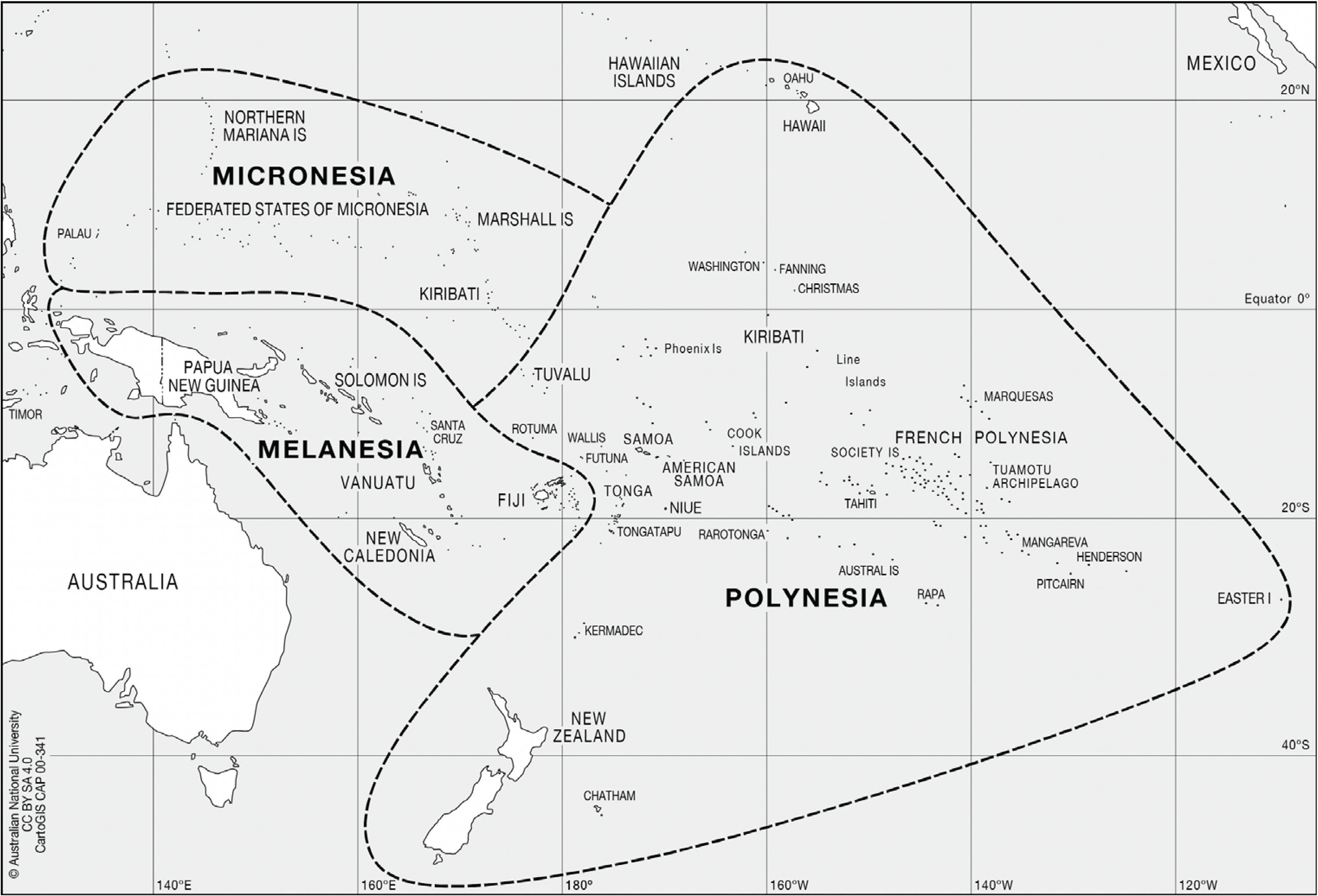 Map of islands in the Pacific Ocean with three colorfully shaded areas indicating some of the cultural communities of the Pacific.