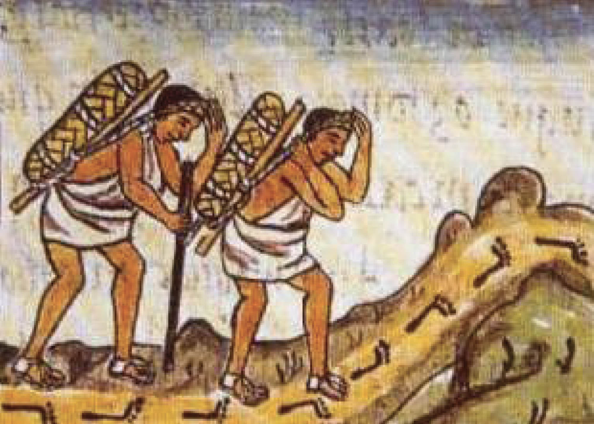 A drawn depiction of two merchants, walking along a road, their backs bent from the heavy packs they are carrying.