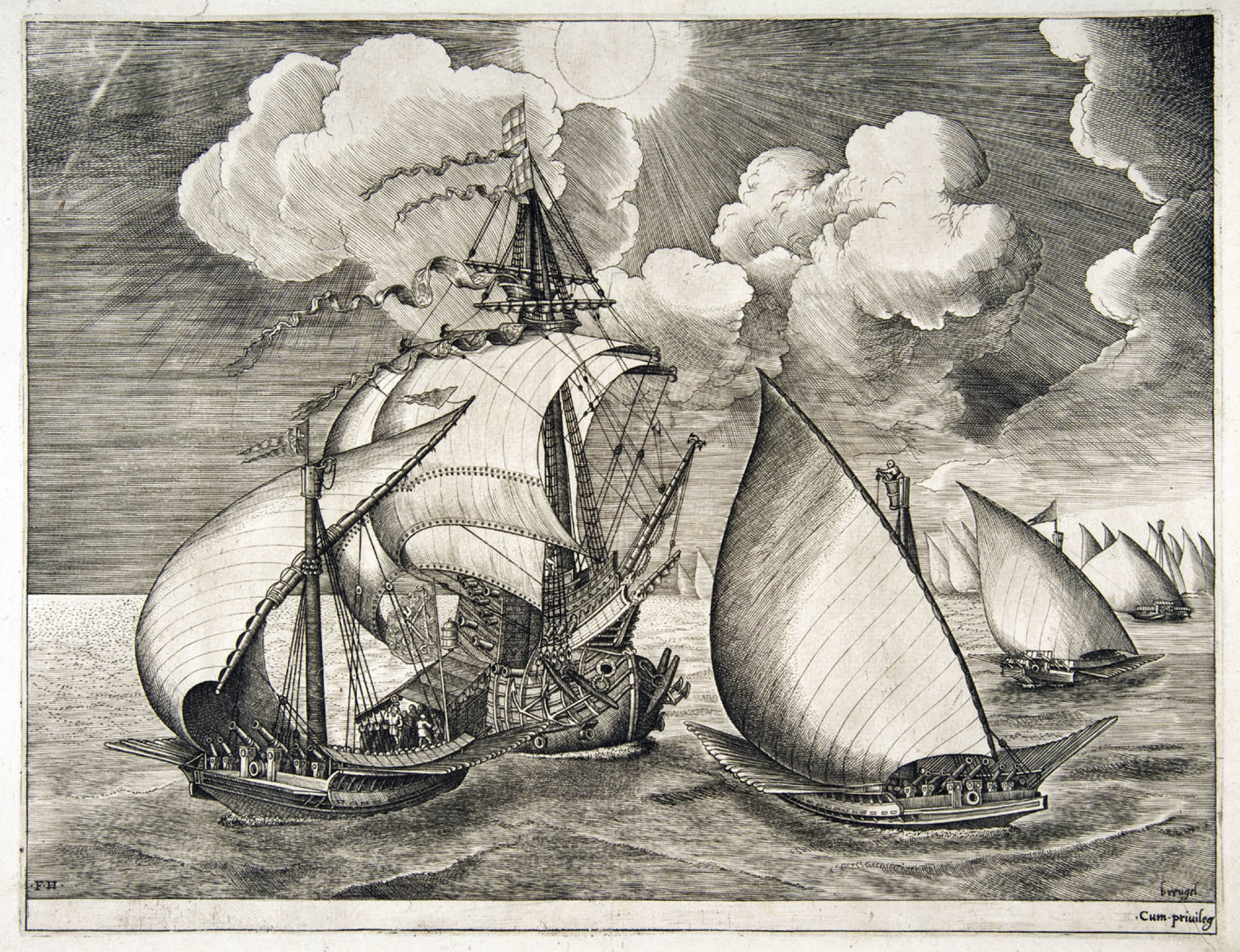 Black and white illustration of several ships. One large ship with several masts is surrounded by slightly smaller ships with single masts.