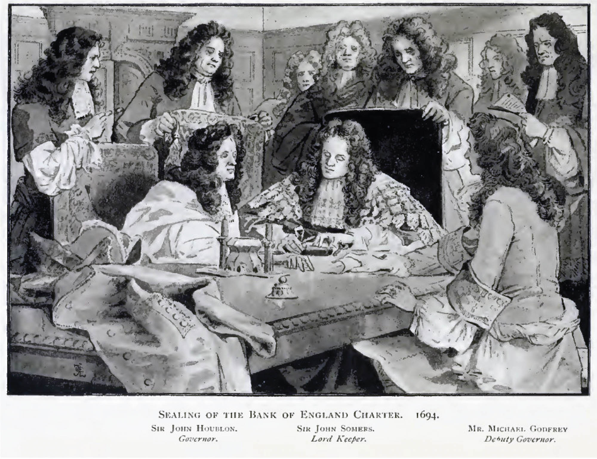 Several men wearing long, wavy wigs sit and stand around a table in discussion