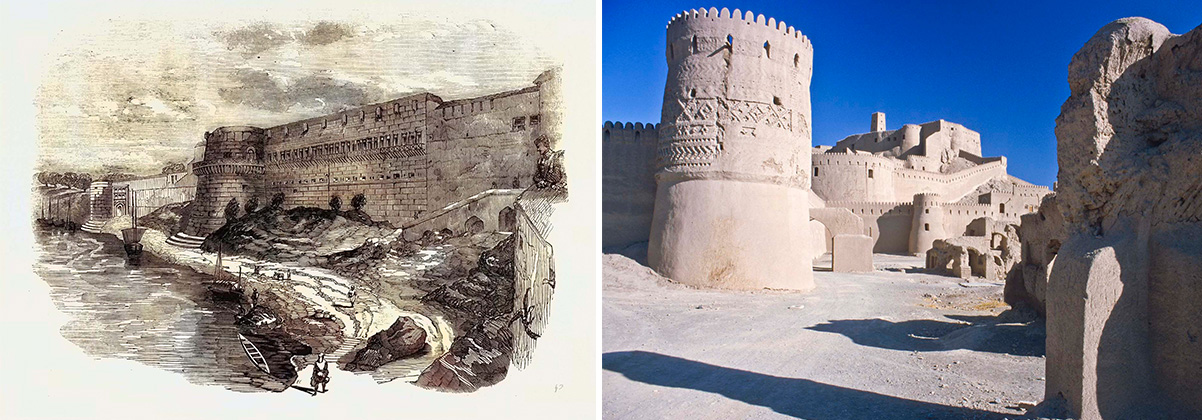 Left: A painting of a stone fortress, bordered by water on one side. Right: Photo of the stone ruins of a citadel.