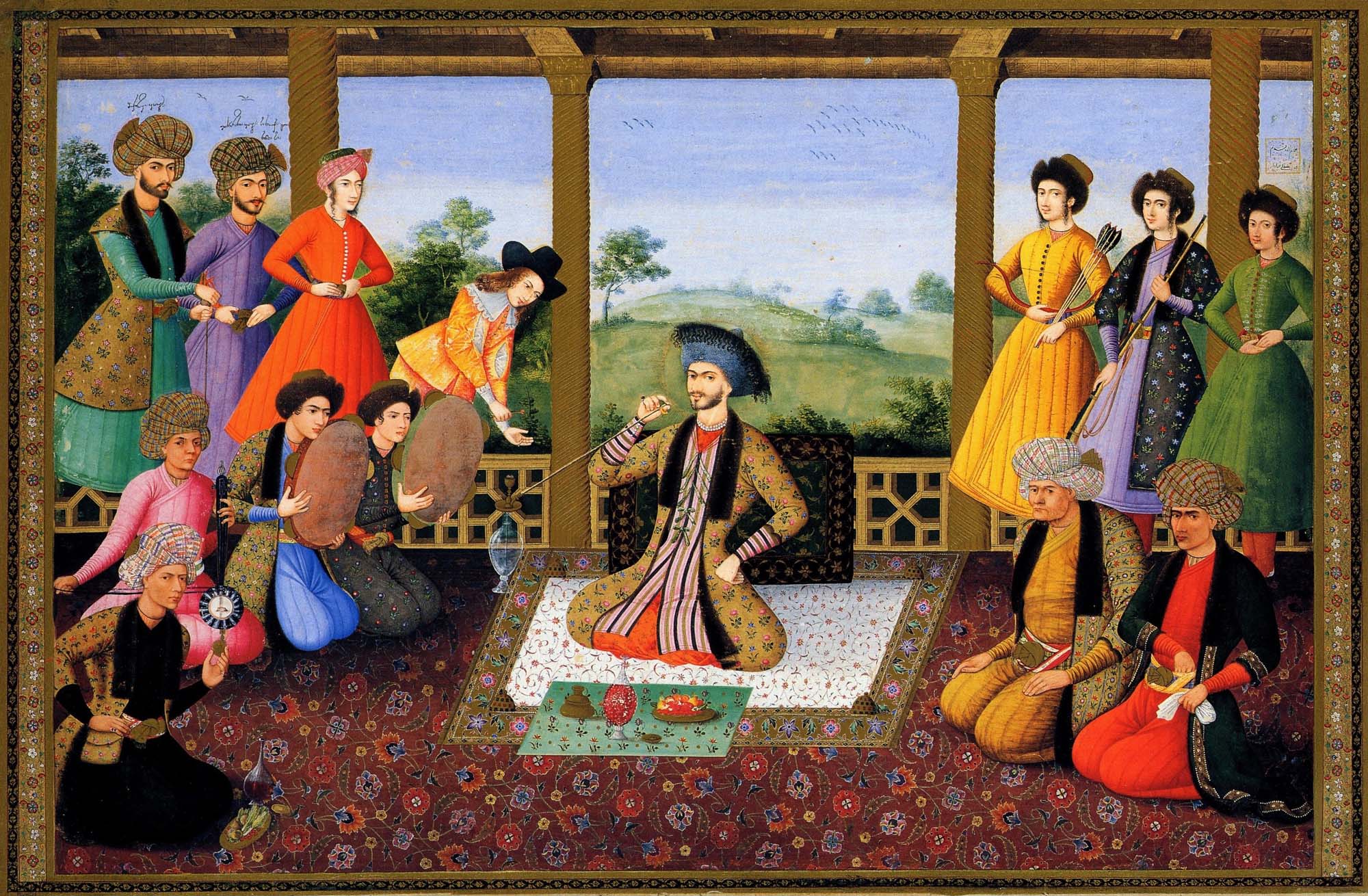 Painting of a Safavid ruler seated cross-legged on the ground. Surrounding him are his advisers and courtiers.