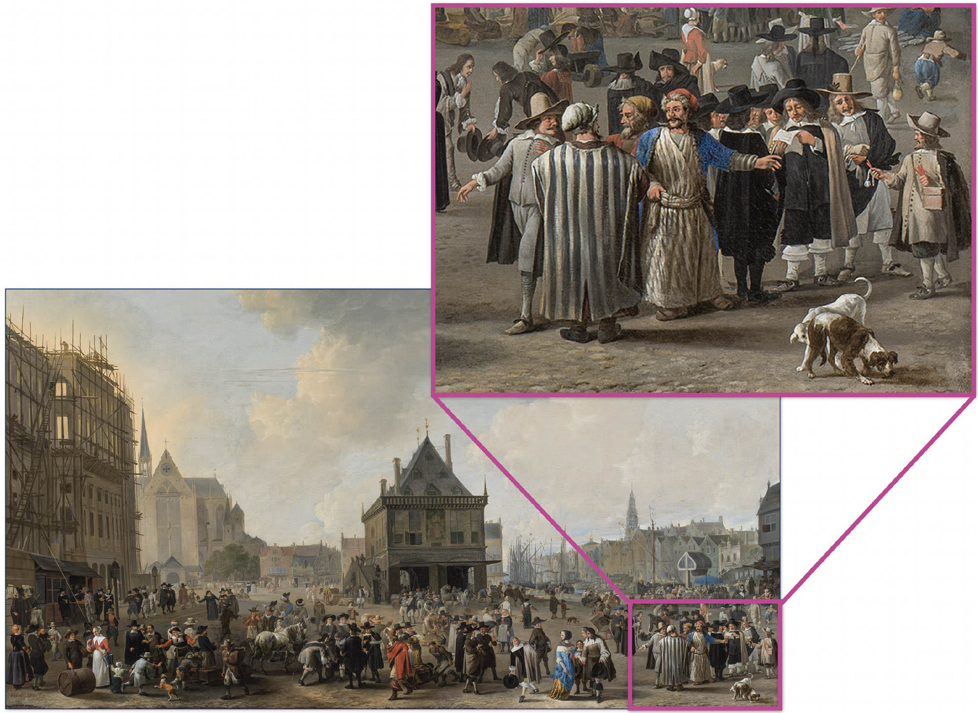 A painting of Amsterdam in the seventeenth century. A large crowd of people fill the spaces between large buildings. A close-up detail from the painting is also shown.