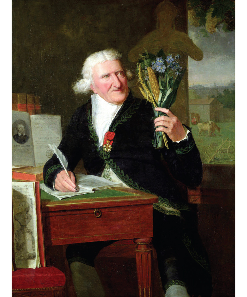 Portrait of a man holding an arrangement of crops in one hand while taking notes with a feather pen in the other.