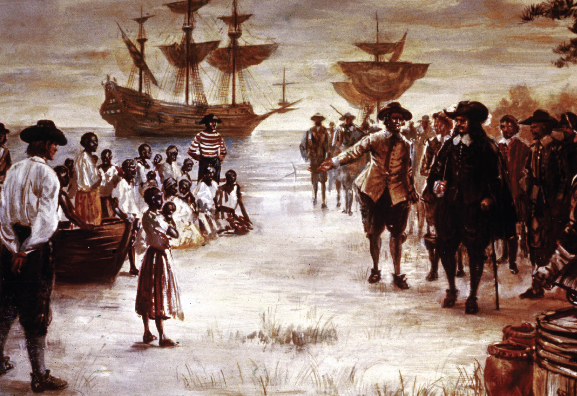 Engraving shows the arrival of a Dutch slave ship with a group of African slaves for sale