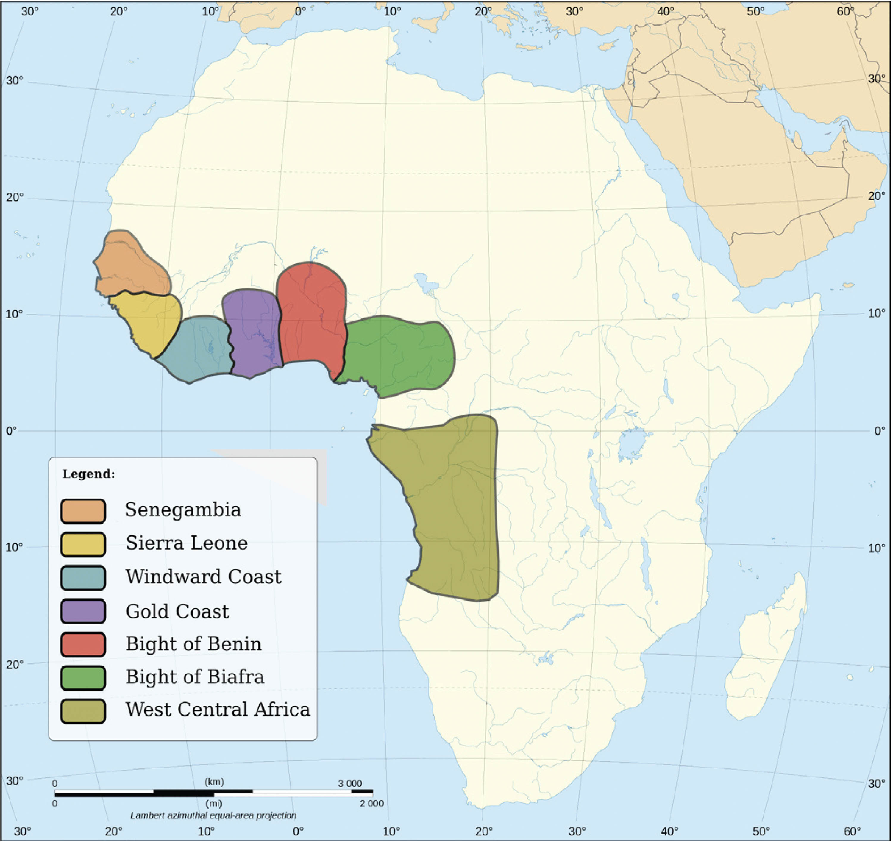 Map shows regions of Africa that participated in the Atlantic Slave Trade. These regions are on the midwestern part of the continent, along the coast.